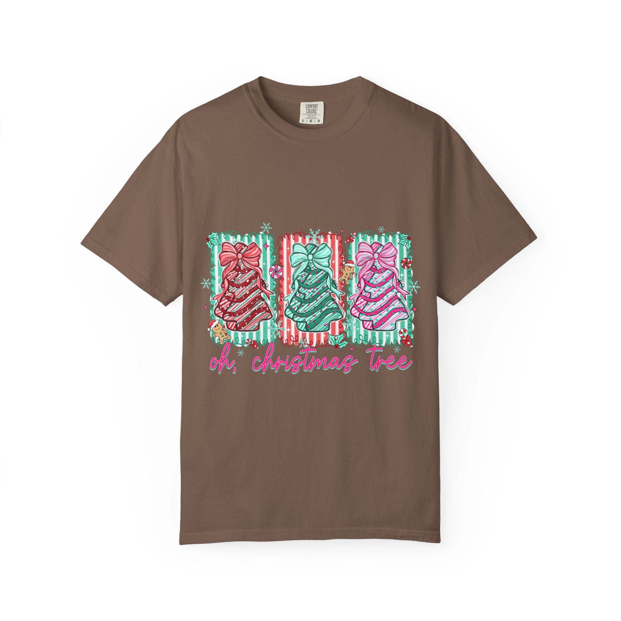 Oh Christmas Tree T-shirt with festive decorated Christmas tree designs on brown garment-dyed fabric