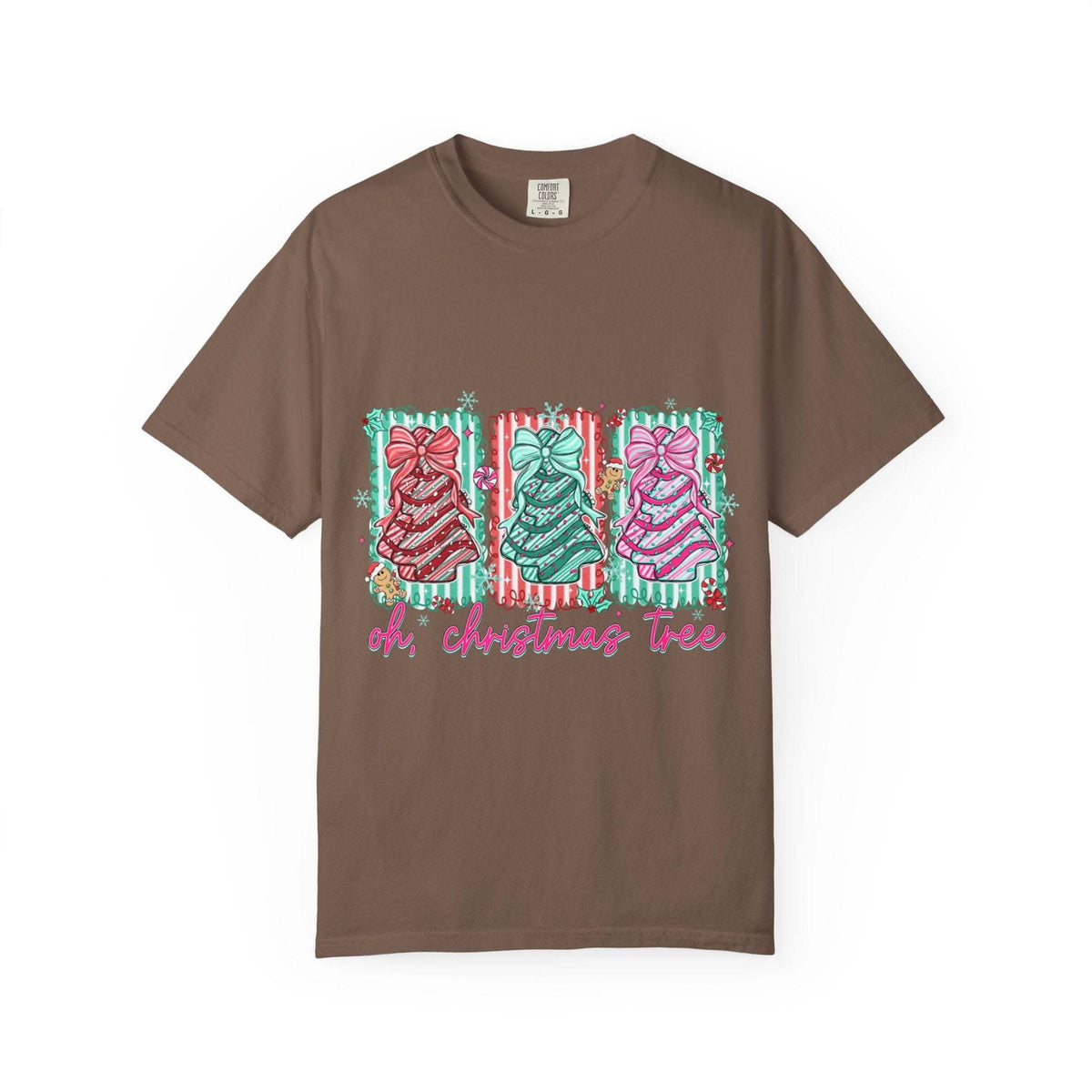 Oh Christmas Tree T-shirt with festive decorated Christmas tree designs on brown garment-dyed fabric