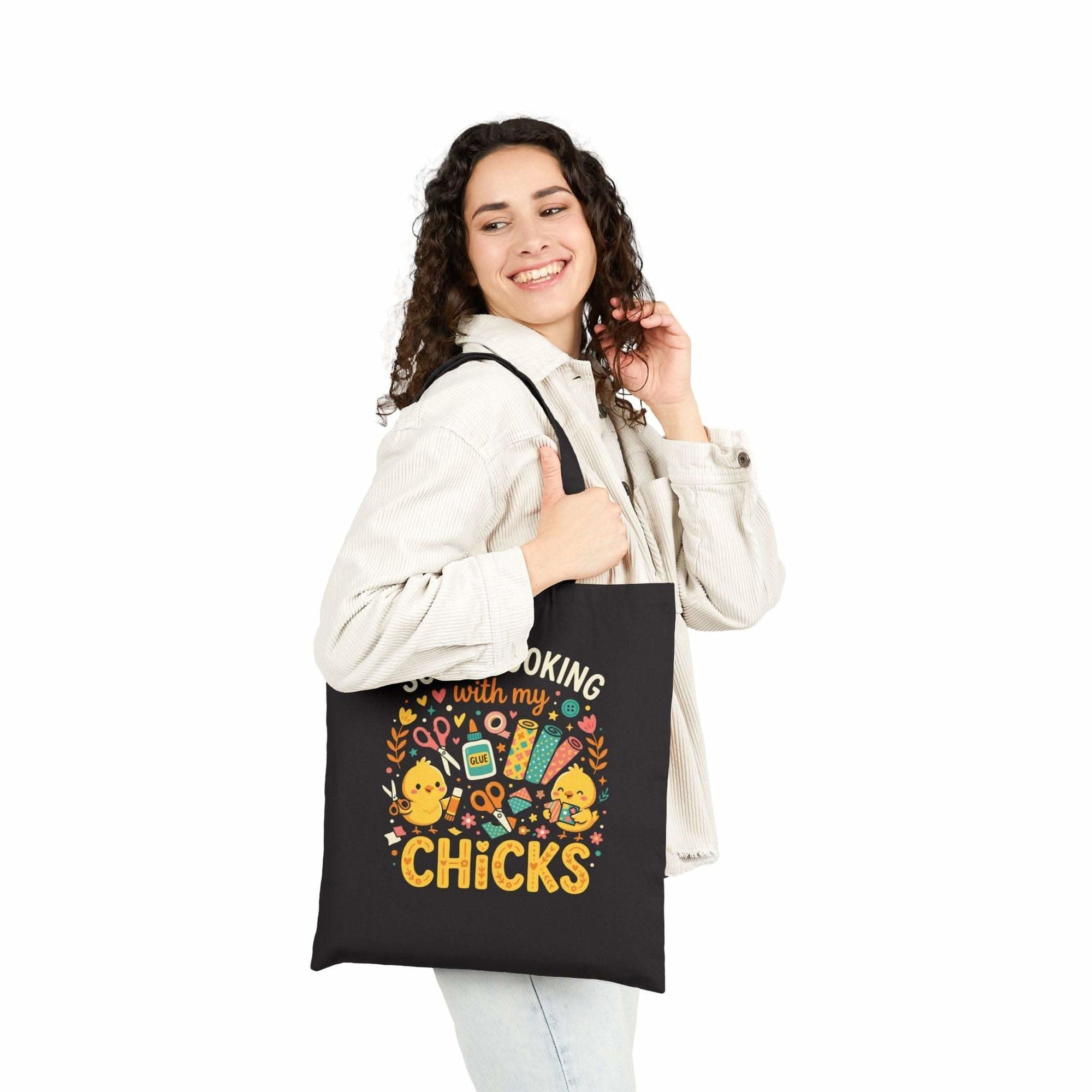 Scrapbooking with My Chicks Tote featuring playful chick design on durable cotton canvas bag