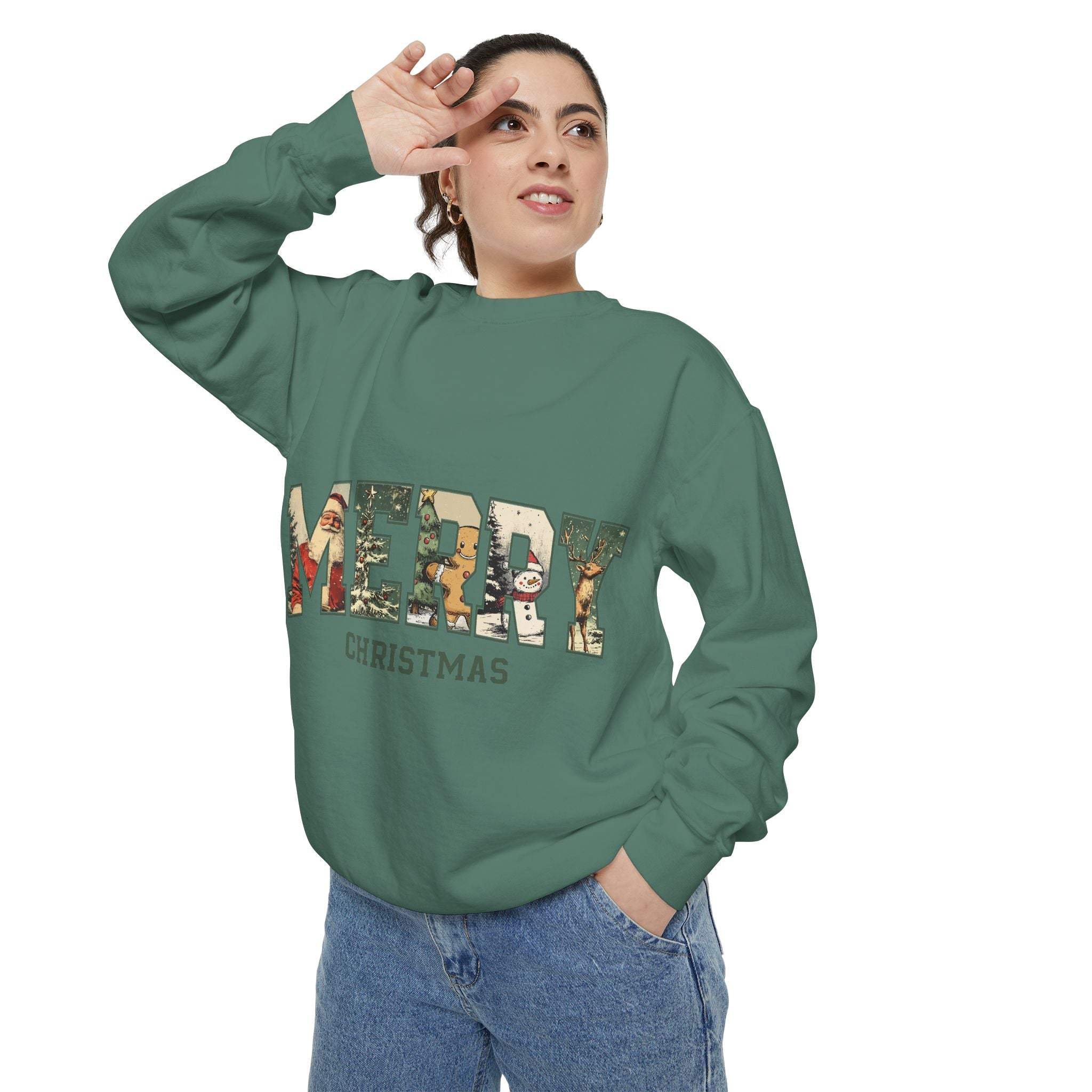 Unisex Vintage Varsity Merry Christmas sweatshirt with cozy green fabric and festive graphic design
