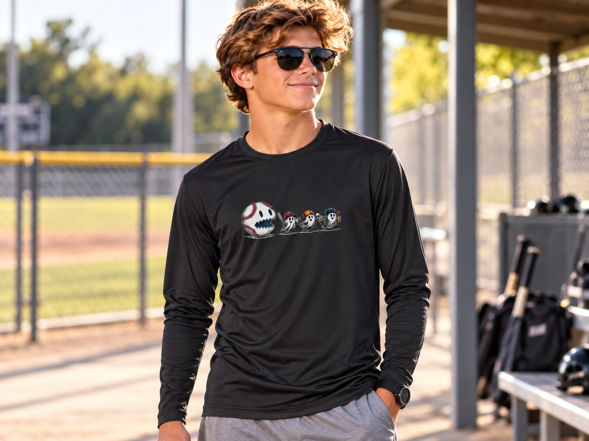 Youth Tee - Fun Halloween Ghosts Baseball Eating Long Sleeve Shirt.