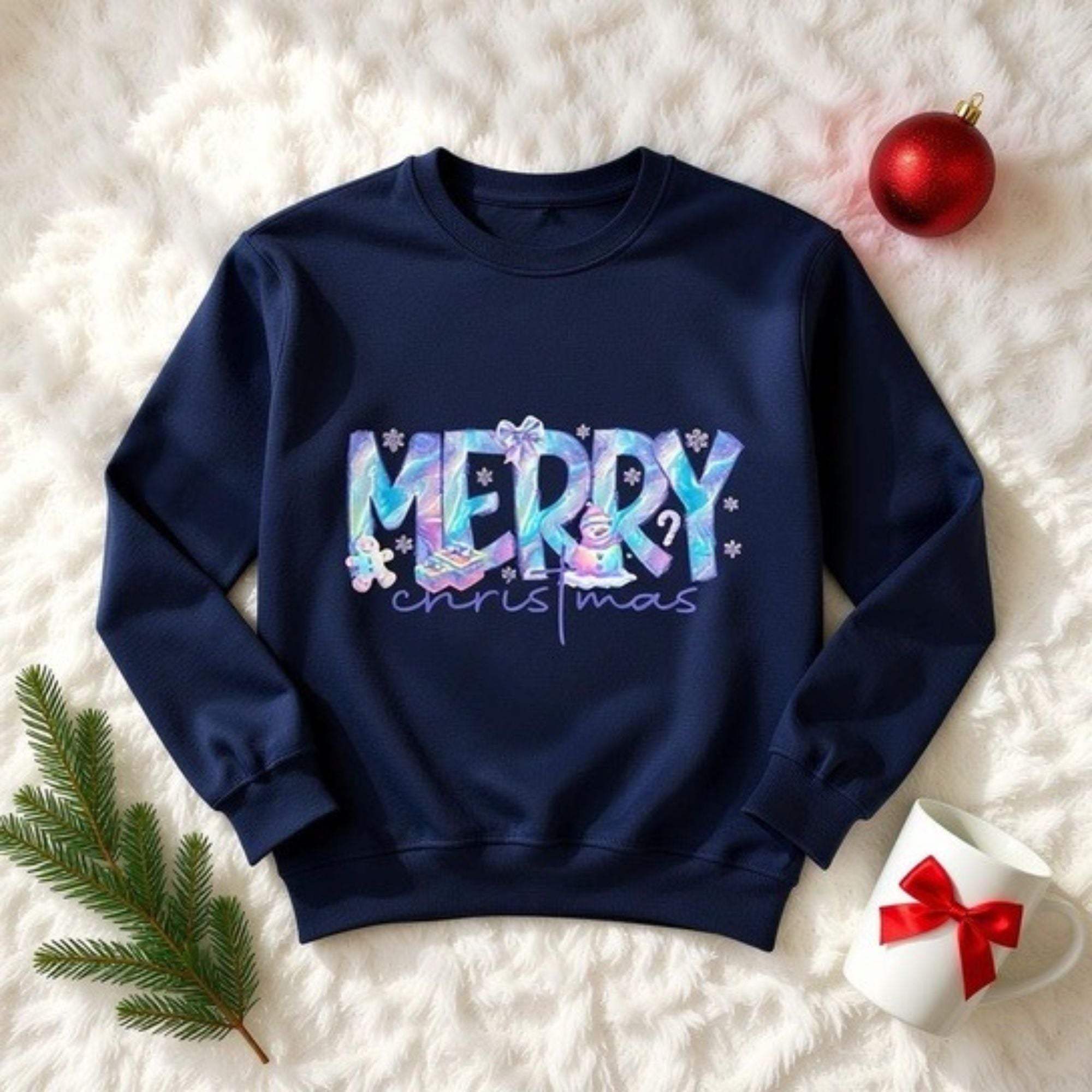 Navy unisex sweatshirt with iridescent Merry Christmas design, cozy holiday apparel
