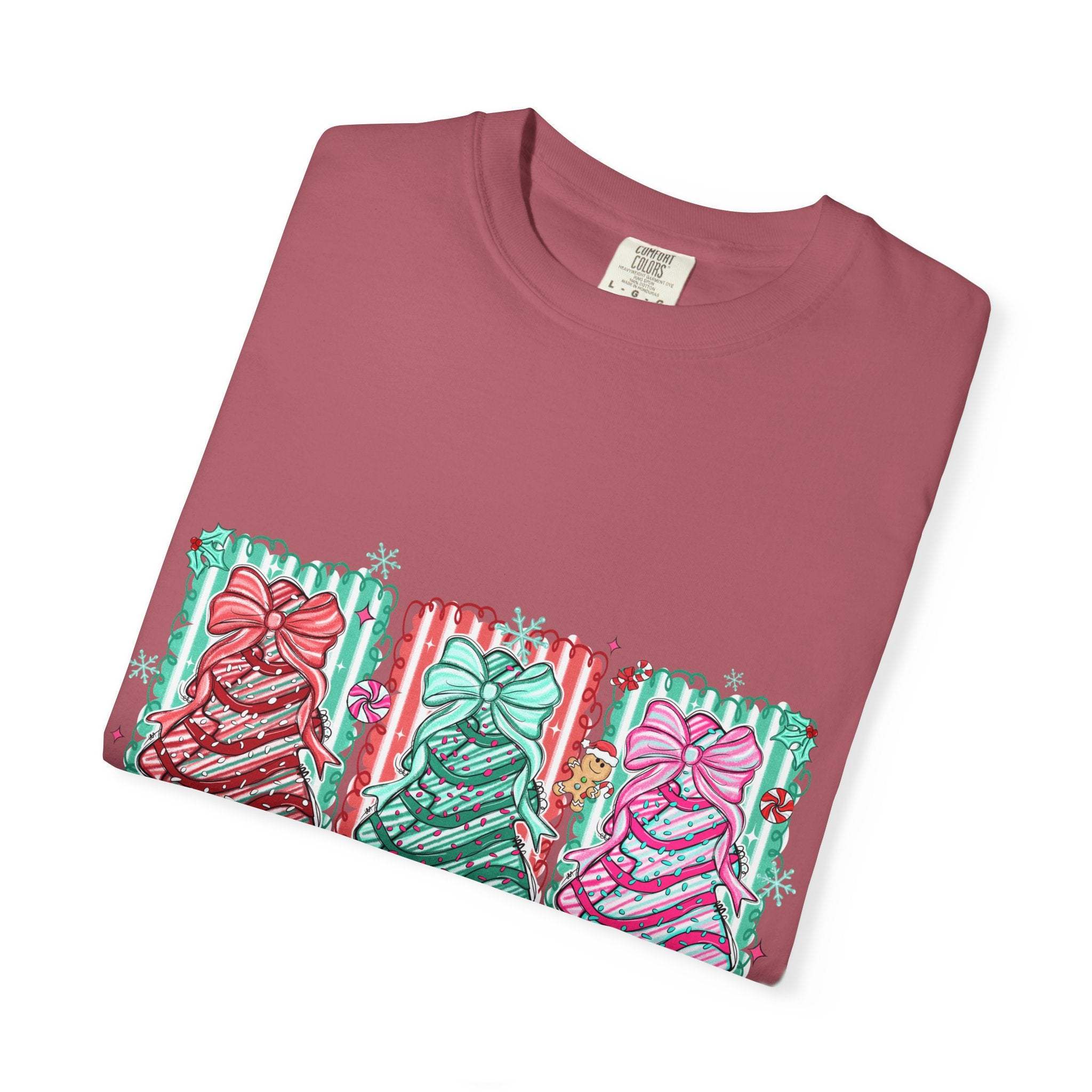 Oh Christmas Tree T-shirt with festive tree designs and bows on garment-dyed fabric