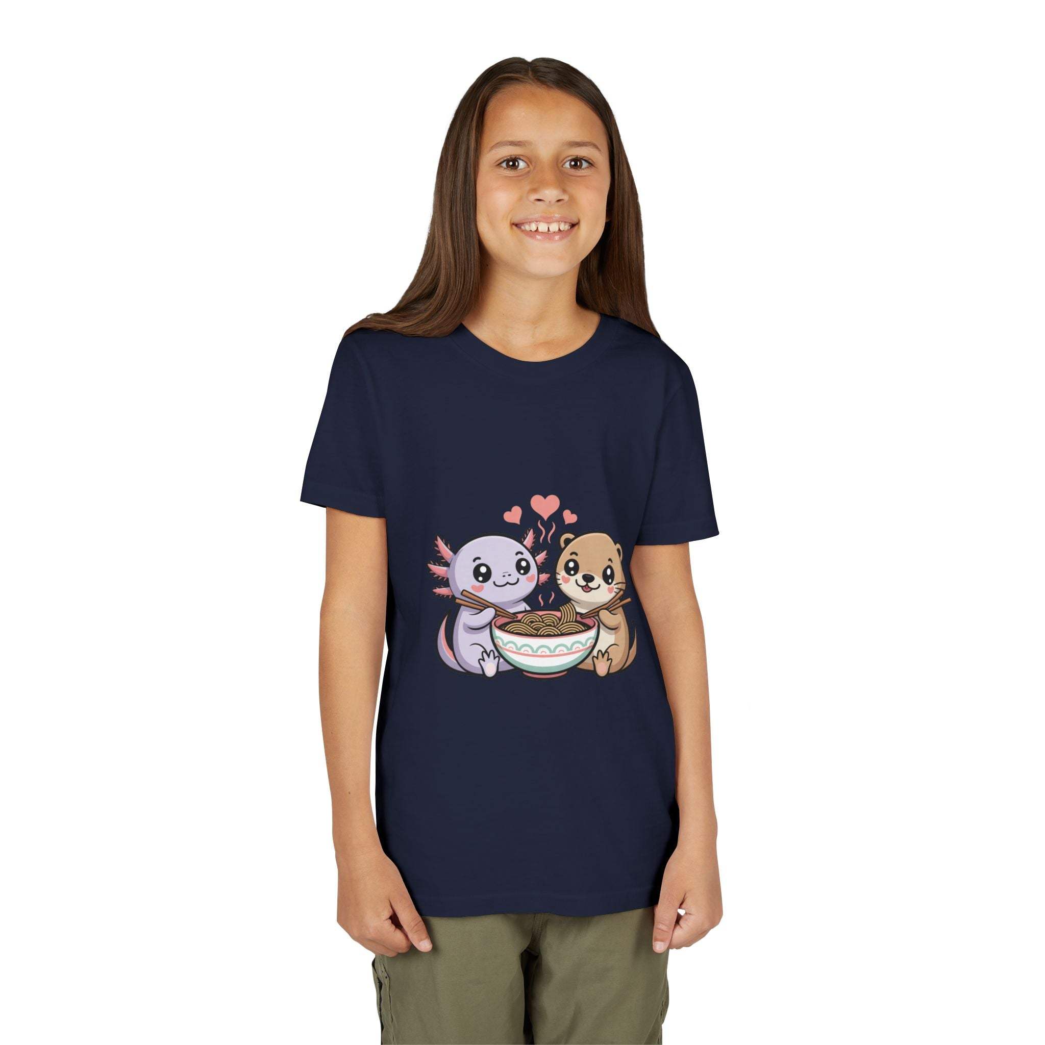 Cute Kawaii Animal Kids Shirt with axolotl and otter sharing ramen bowl on lightweight cotton tee