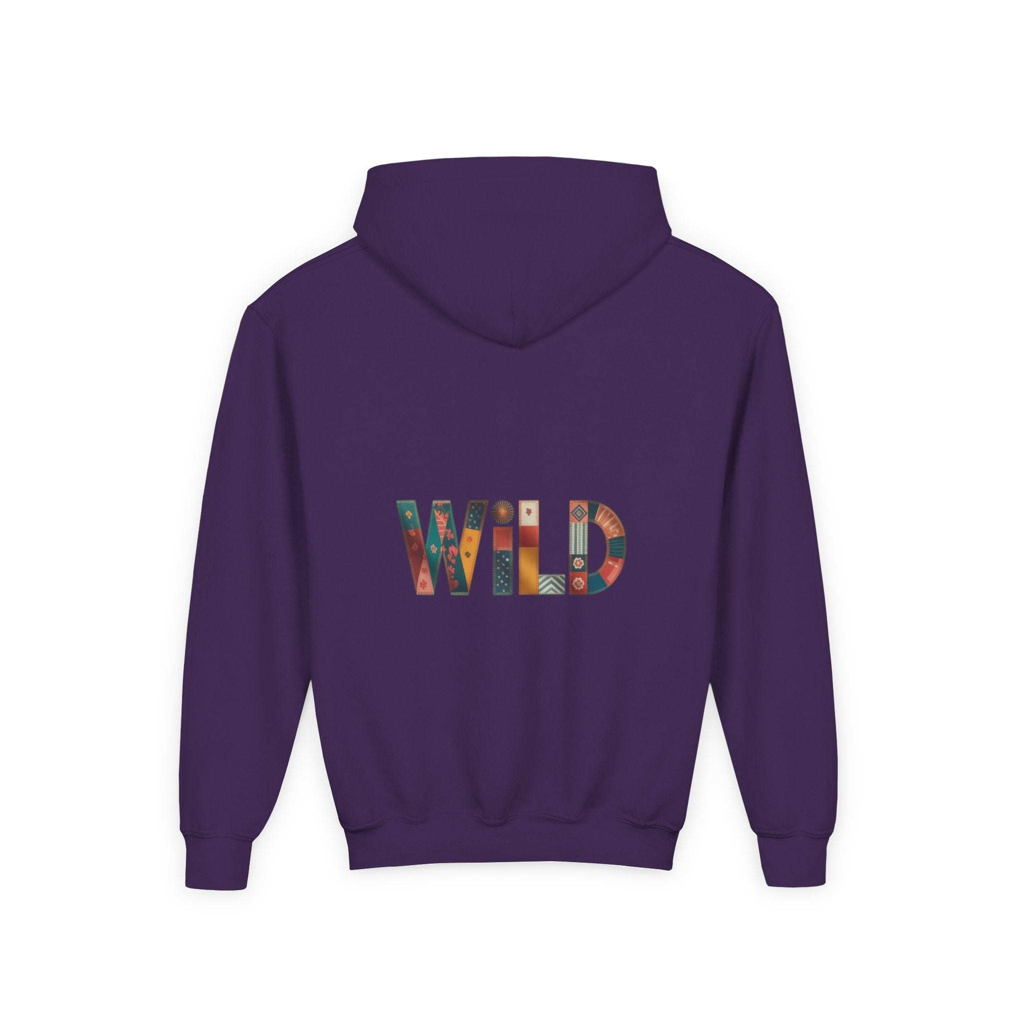 Purple Patchwork Wild Word Hoodie for children with kangaroo pocket and colorful "WILD" embroidery on the back