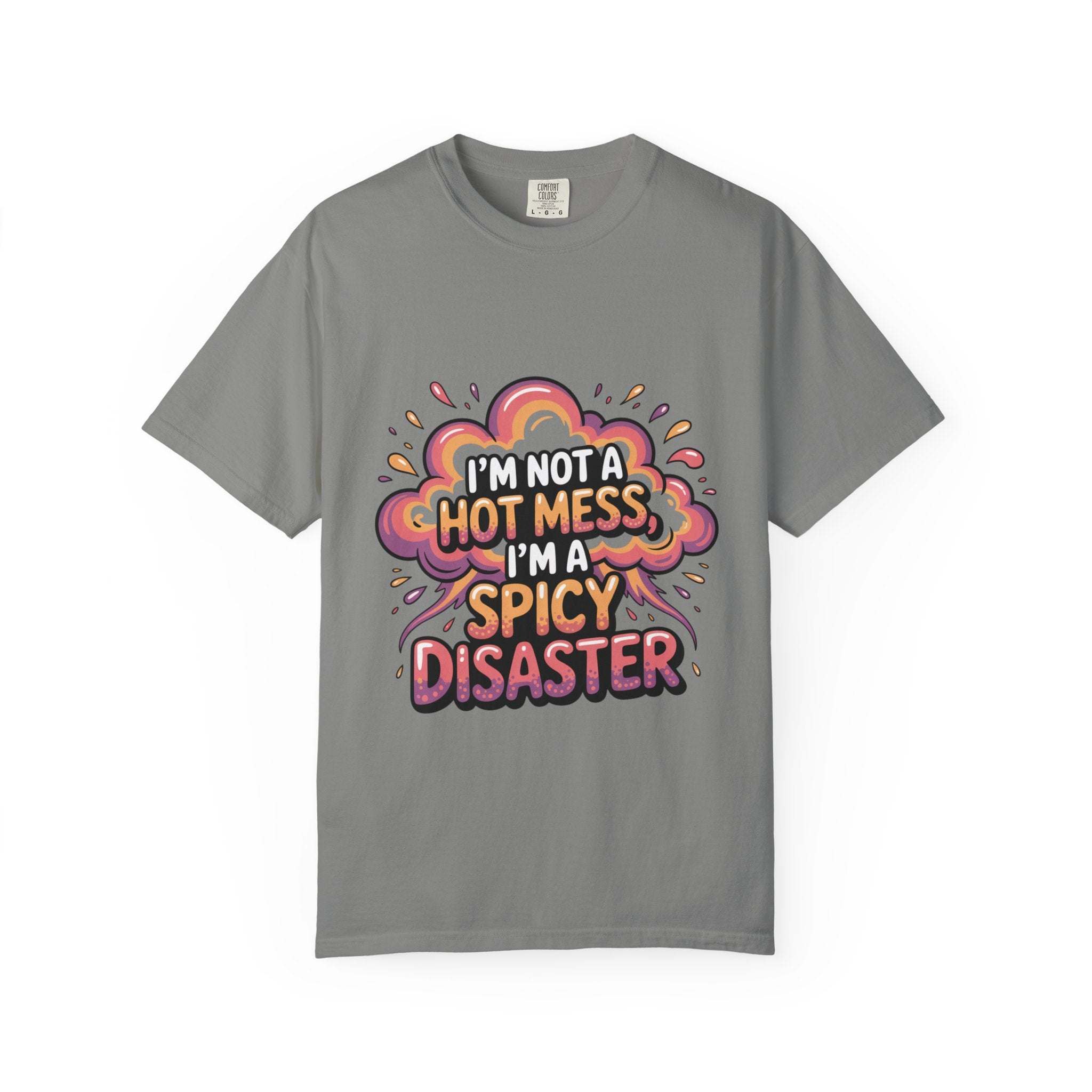 White garment-dyed unisex t-shirt featuring 'Spicy Disaster' graphic design by Printify