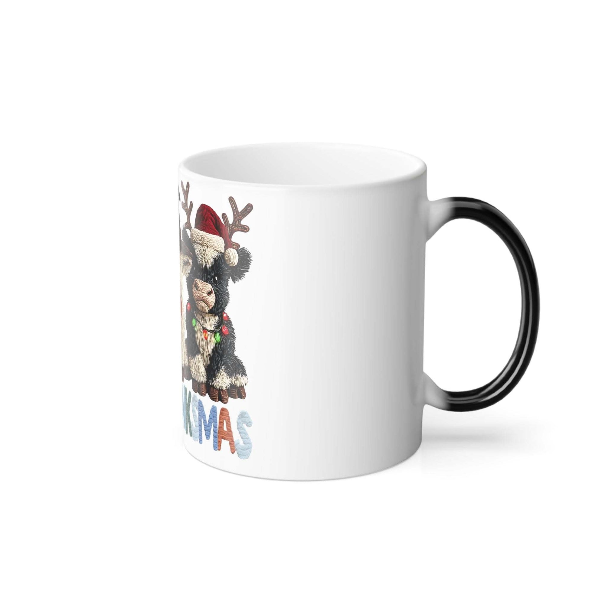 White mug with a festive design featuring a dog in a Santa hat and reindeer antlers on a white background.