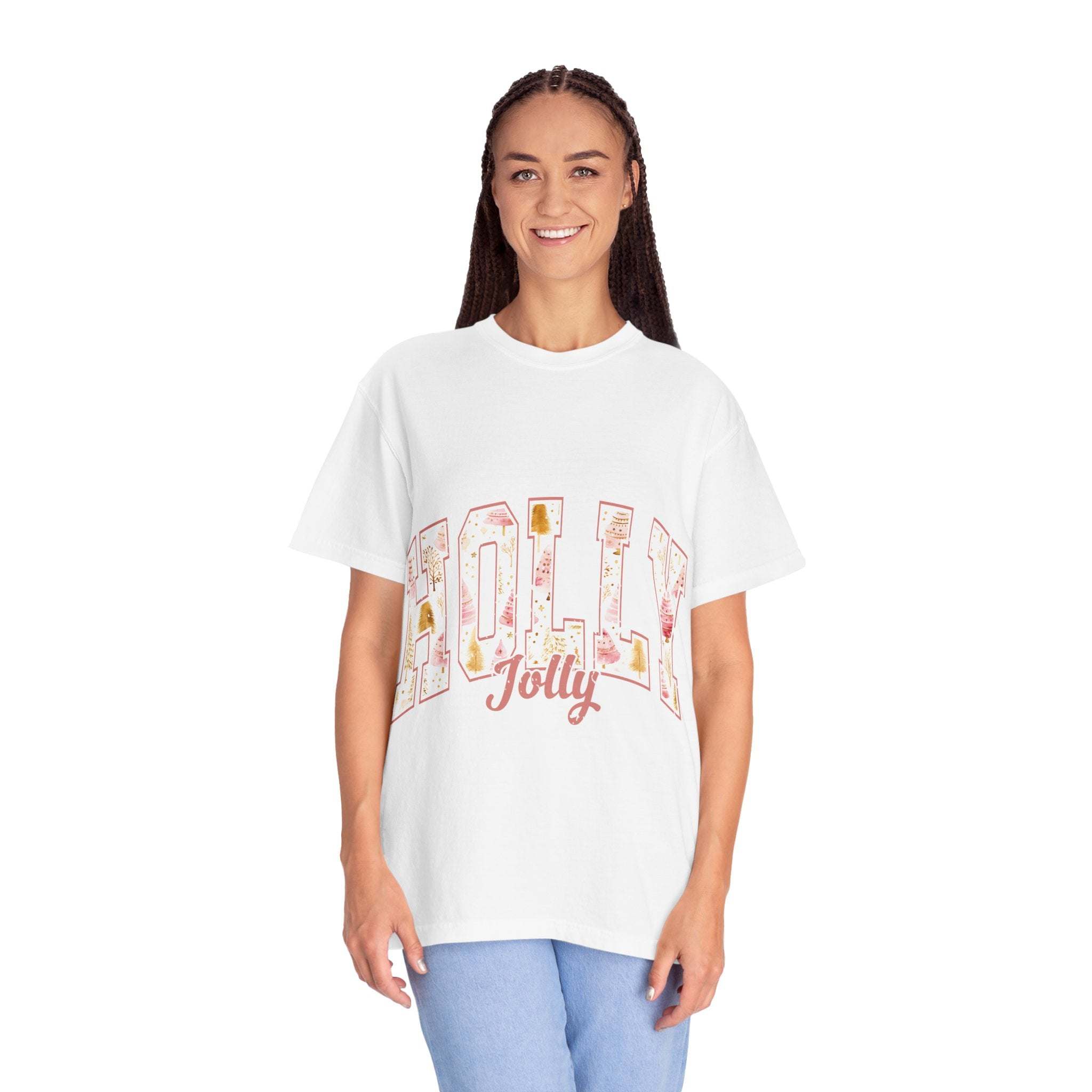 Woman wearing white Varsity Holly Jolly T-shirt with festive print and relaxed fit