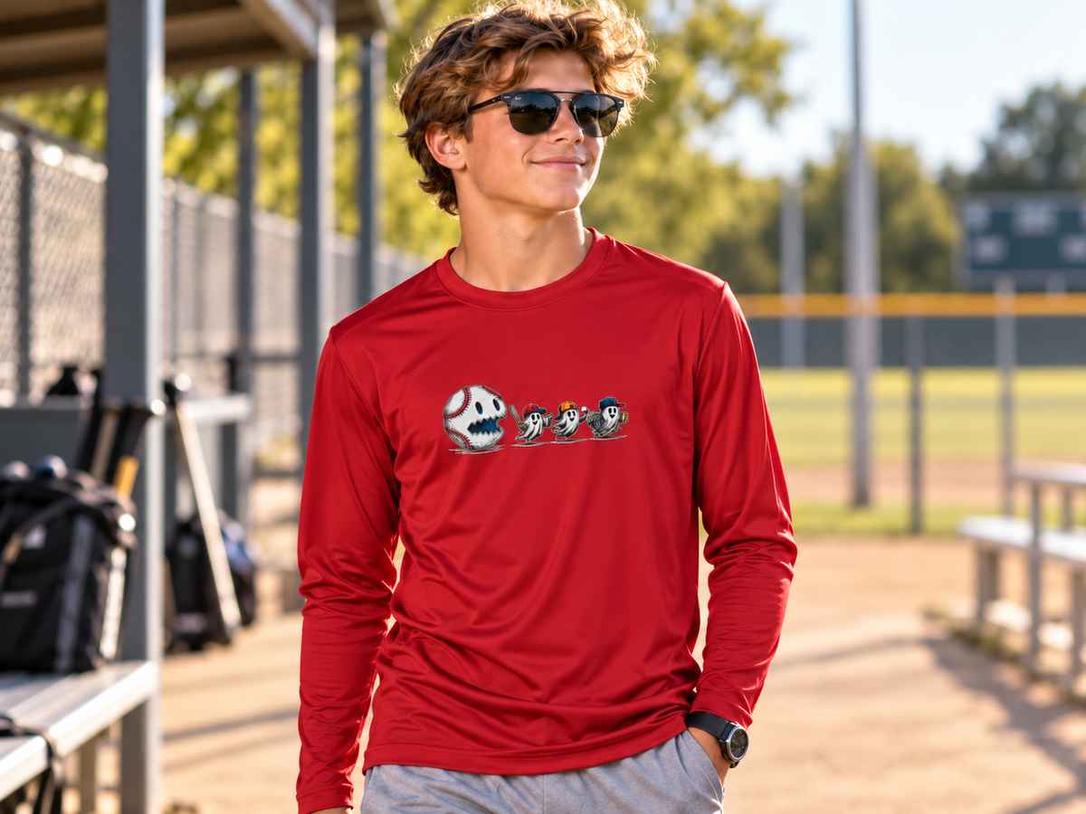 Youth Tee - Fun Halloween Ghosts Baseball Eating Long Sleeve Shirt.