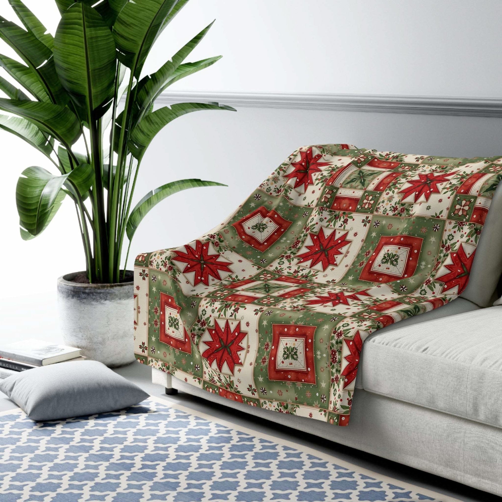 Cozy vintage Christmas patchwork sherpa blanket with plush fleece and nostalgic holiday design