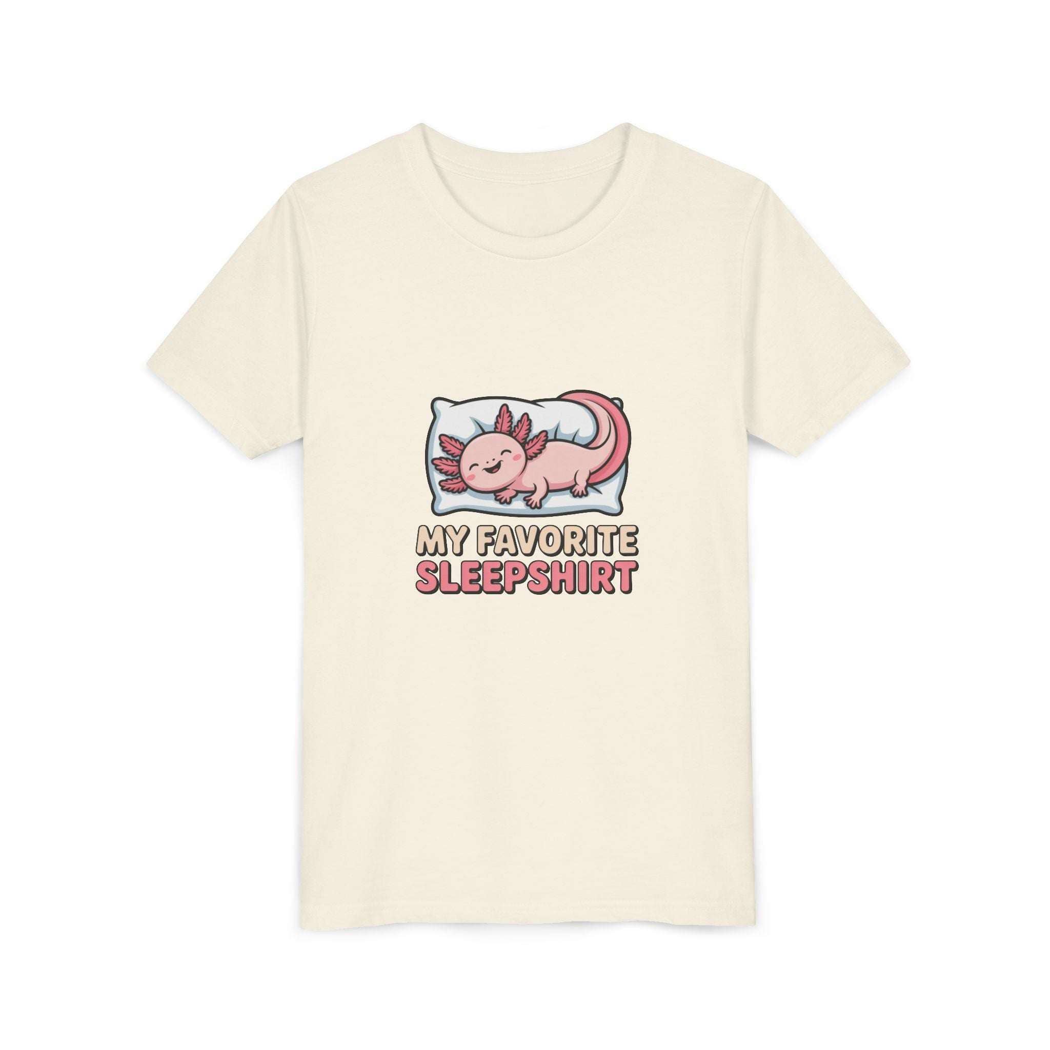 Cream youth tee with sleepy axolotl graphic and "My Favorite Sleepshirt" text, 100% cotton Sleepshirt Axolotl Youth Tee