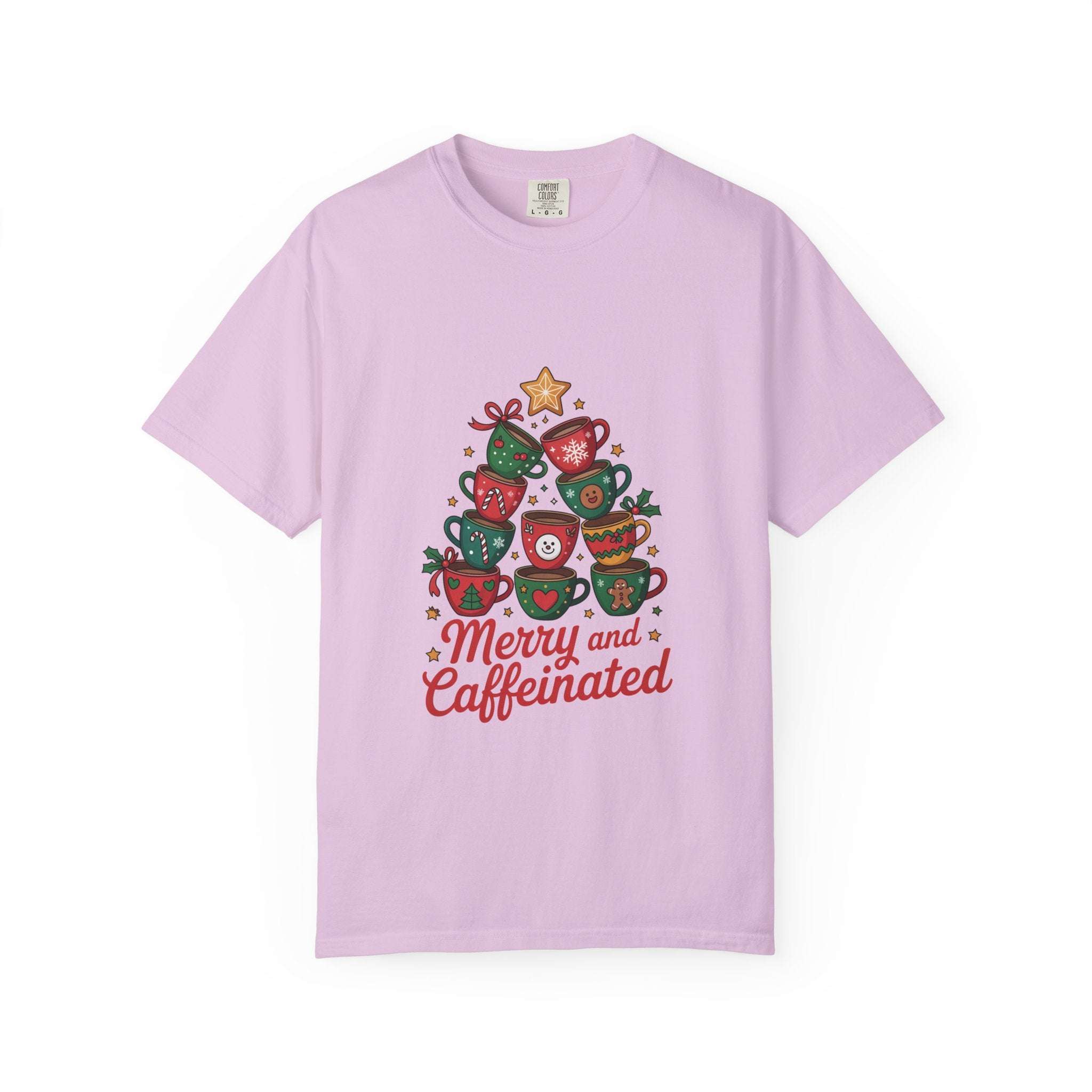 Light purple Merry and Caffeinated T-shirt with festive coffee cup tree design and holiday lettering