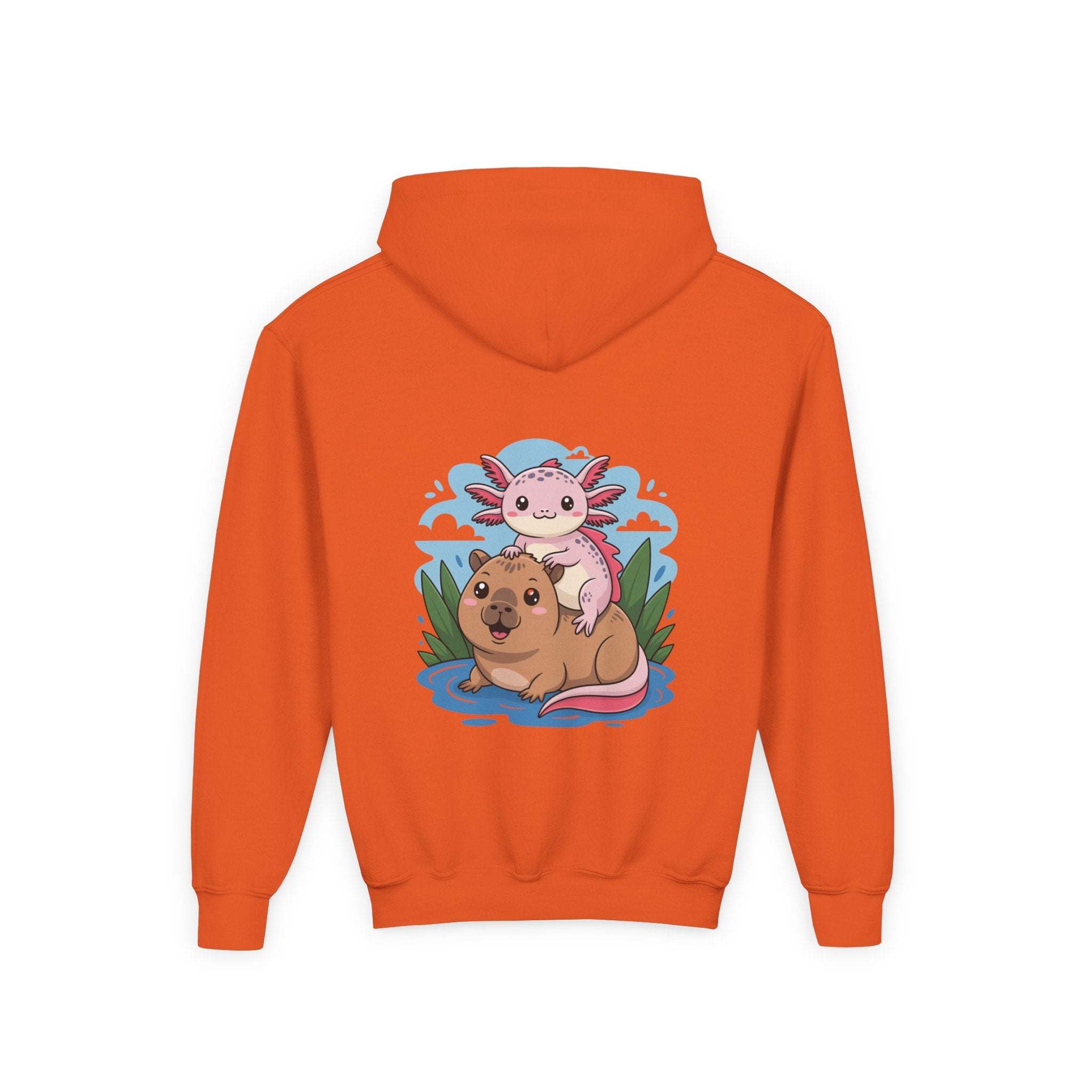 Youth hoodie with playful axolotl and capybara design in soft cotton-poly blend pullover sweatshirt
