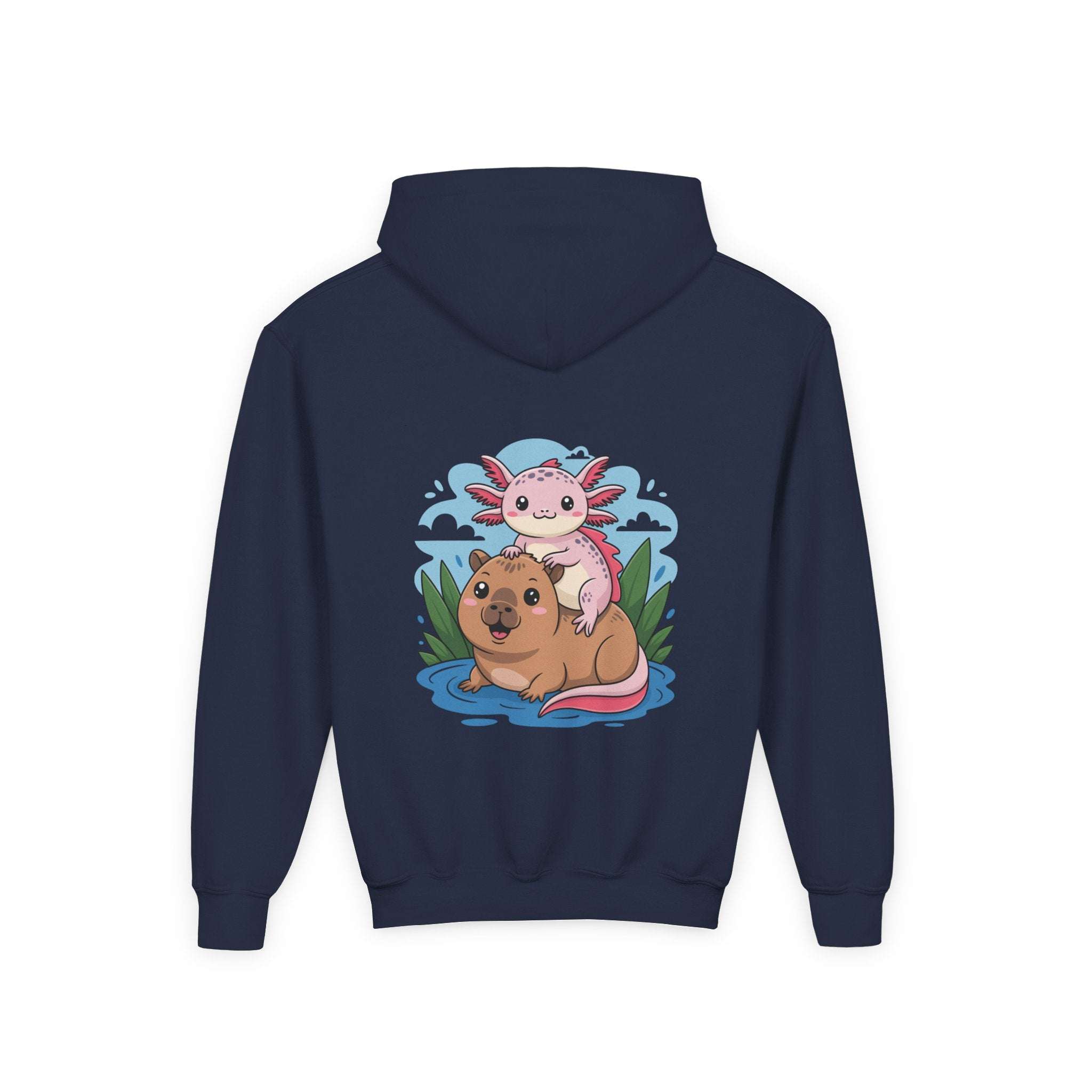 Youth hoodie with playful axolotl and capybara design on soft cotton-poly sweatshirt