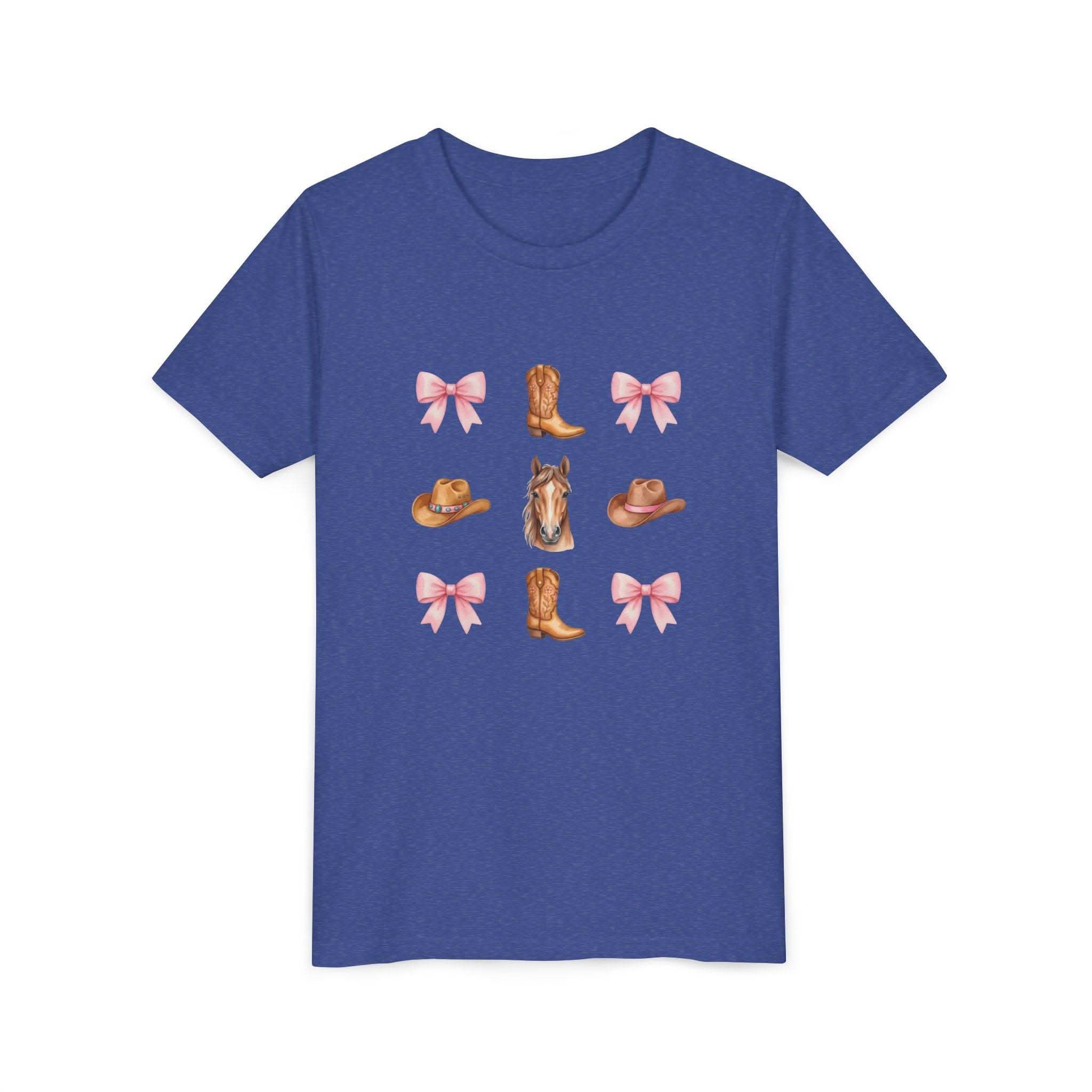 Cowboy Horse & Boots youth tee with pink bows and Western hat print on pink shirt