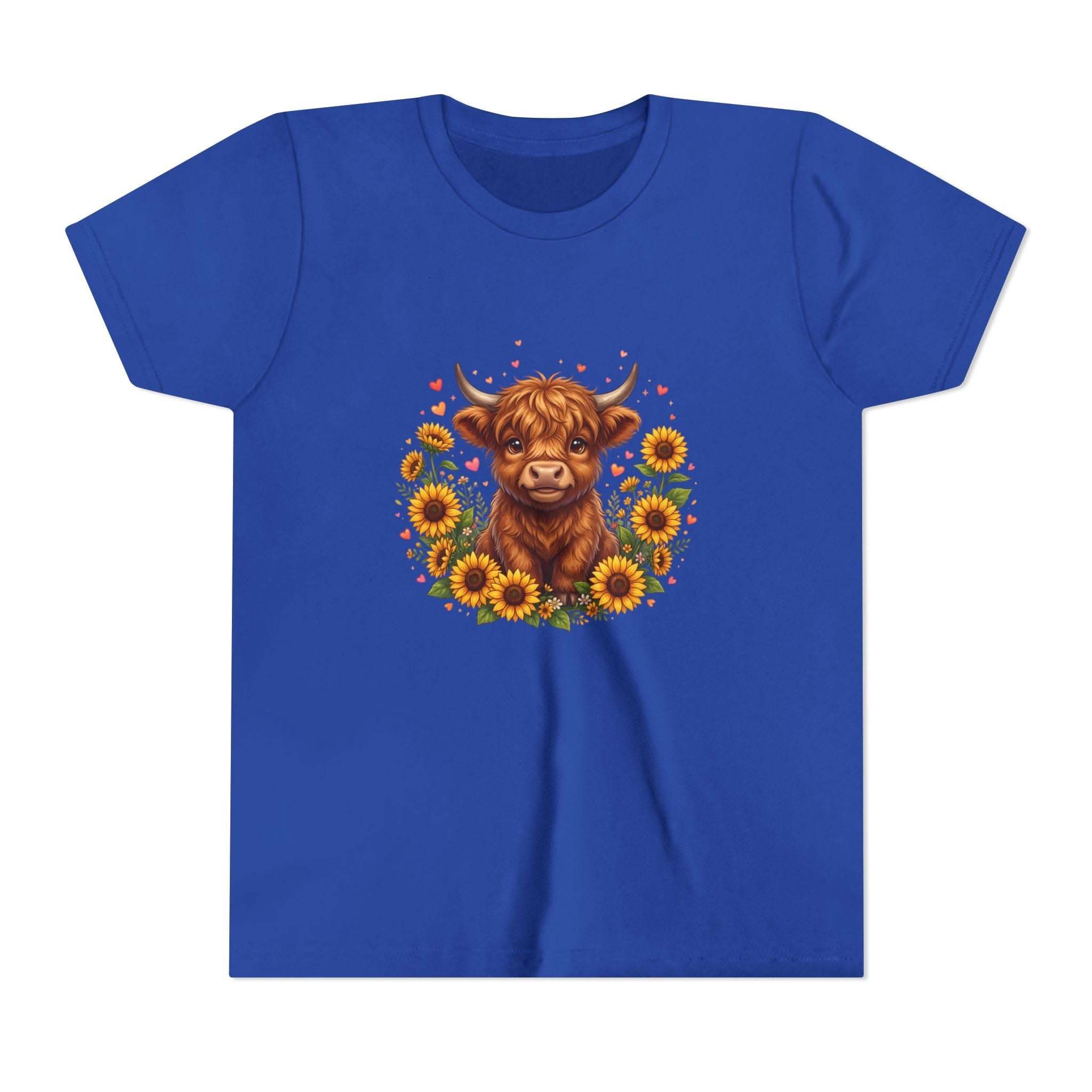 Youth tee featuring Highland Cow with Sunflowers floral design on soft cotton shirt