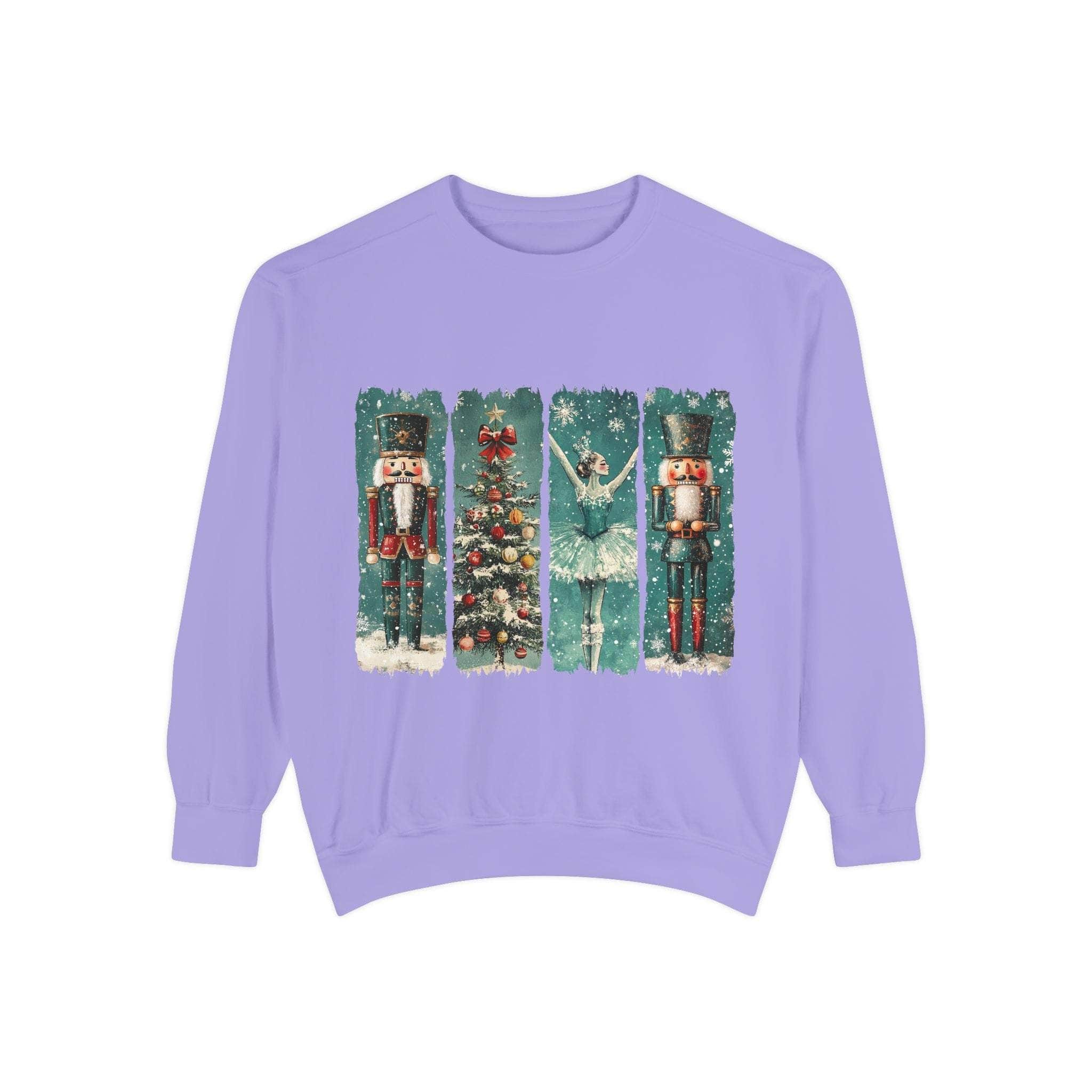 lavender vintage Christmas nutcracker sweatshirt with festive holiday watercolor design