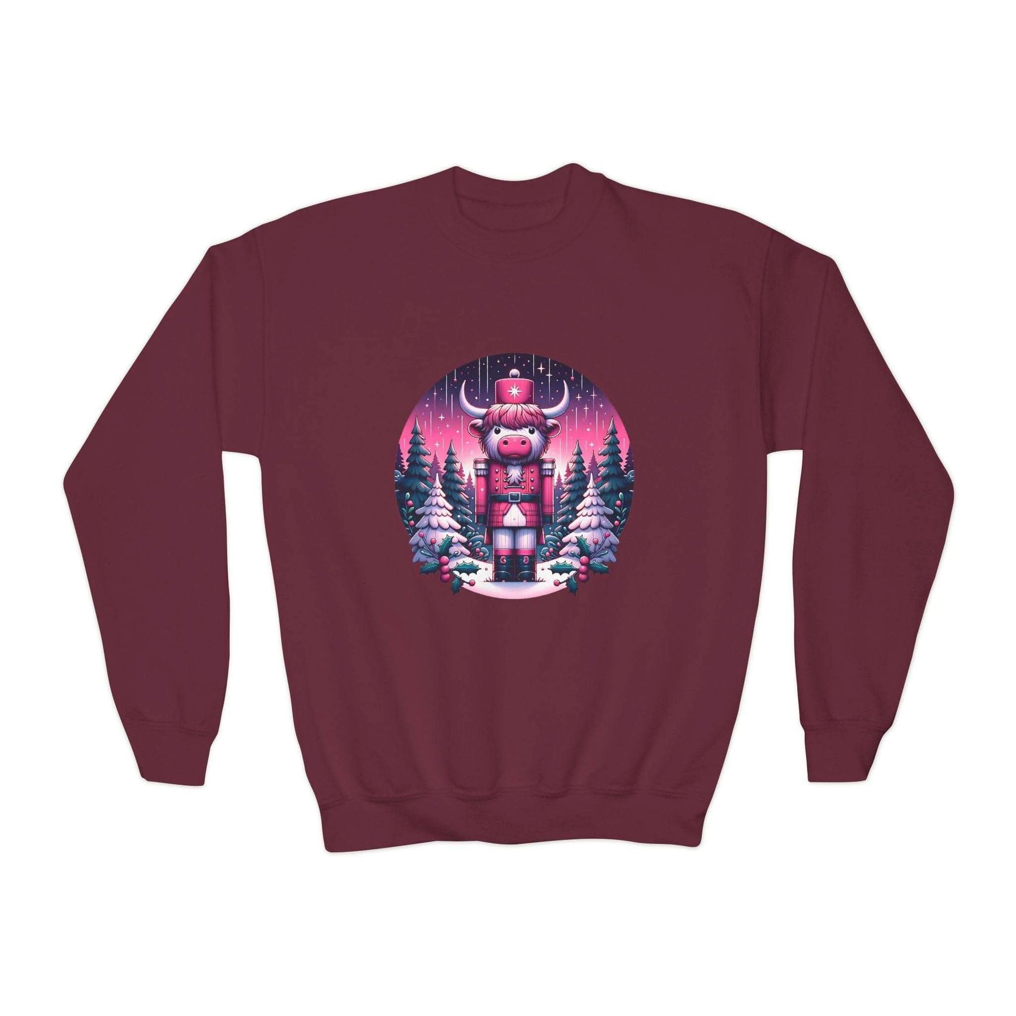 Navy crewneck sweatshirt with festive Highland cow nutcracker design for kids by Printify
