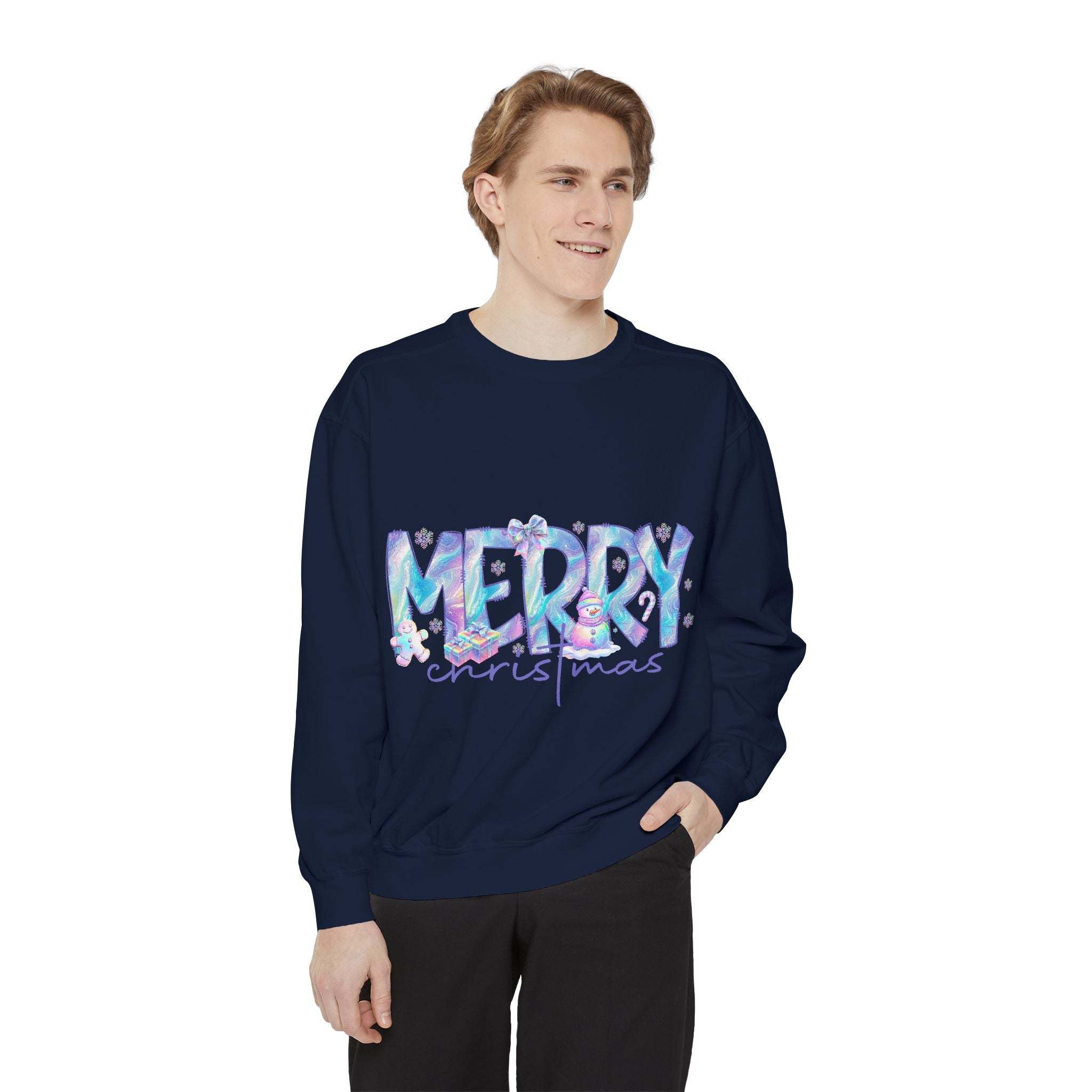 Man wearing navy sweatshirt with iridescent Merry Christmas design and floral accents, cozy holiday apparel