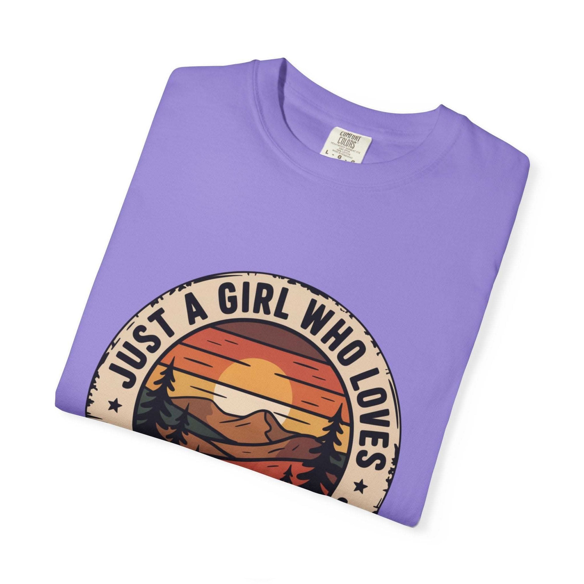 Just a Girl Who Loves National Parks T-Shirt made of soft garment-dyed cotton with a relaxed fit for outdoor adventures