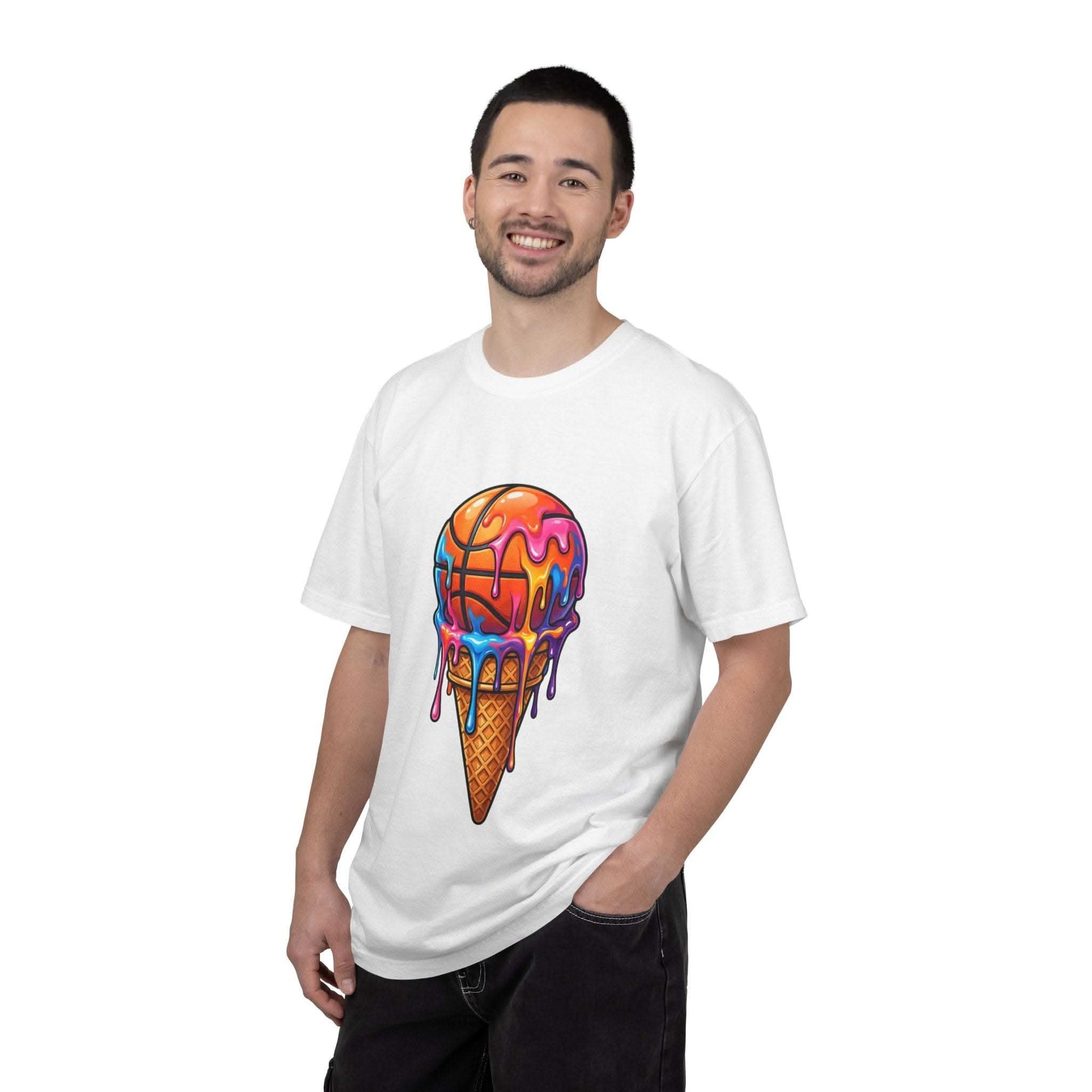 Colorful dripping ice cream cone graphic on relaxed-fit neon dessert t-shirt