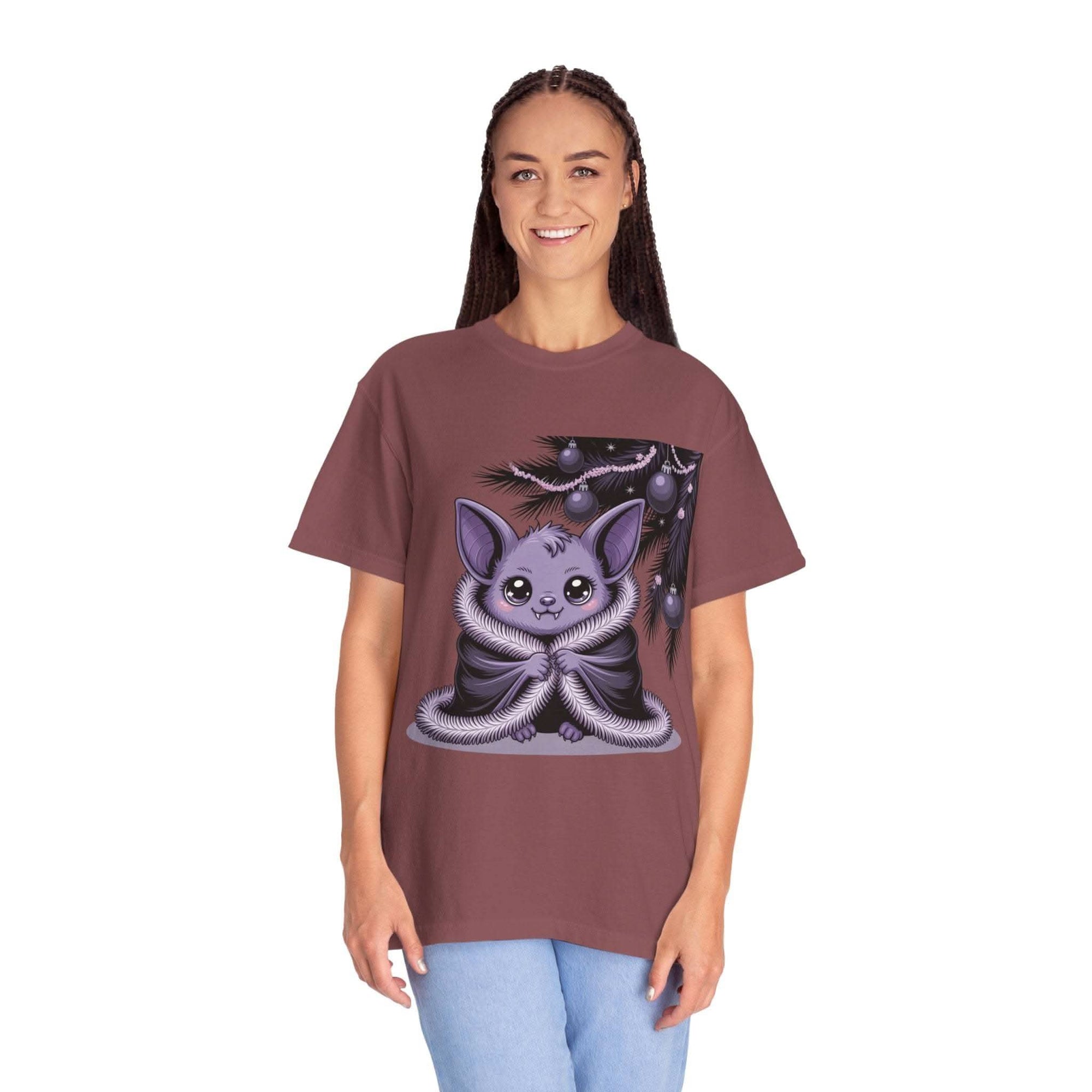 Woman wearing a garment-dyed Gothmas Bat T-Shirt with a dark gothic bat design on soft cotton fabric