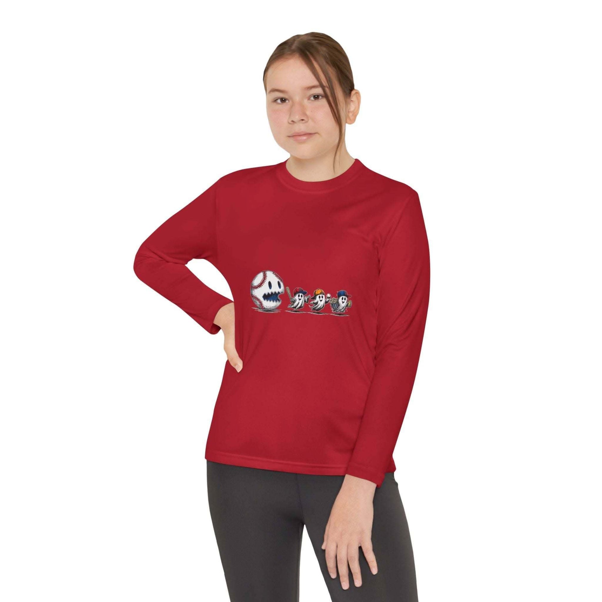 Youth Tee with baseball eating Halloween ghosts graphic in red long sleeve shirt