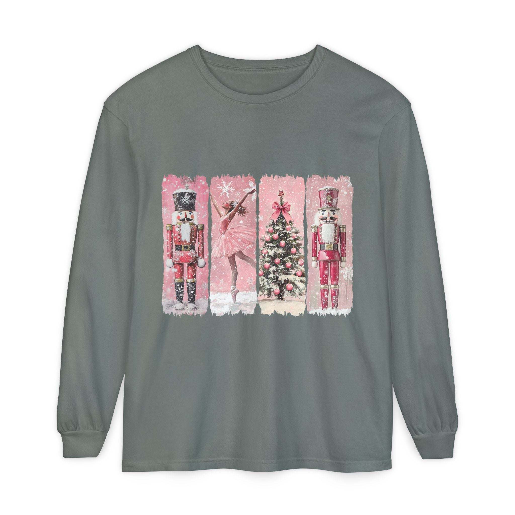 Preppy pink watercolor nutcracker Christmas long sleeve T-shirt in soft cotton
