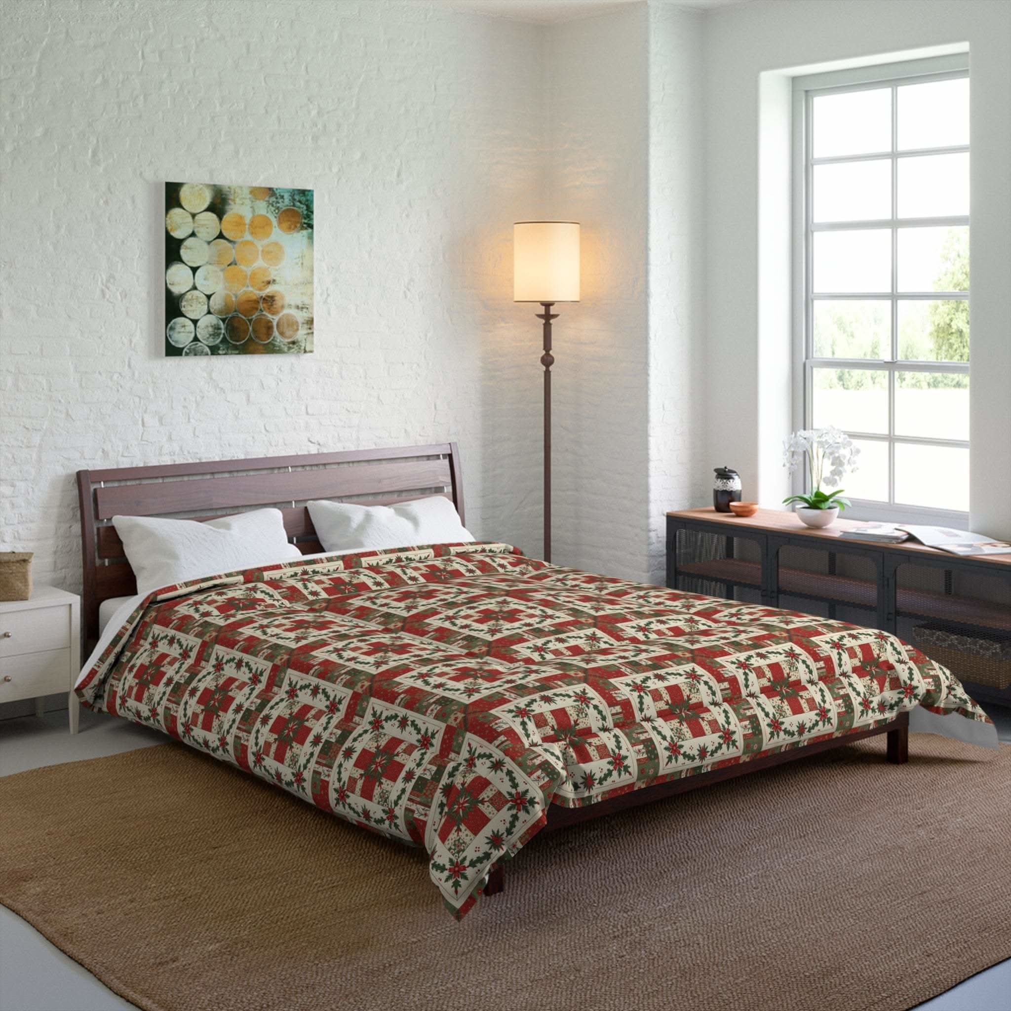 Rustic Patchwork Christmas Comforter with quilt-inspired worn plaids and faded reds on cozy holiday bedding