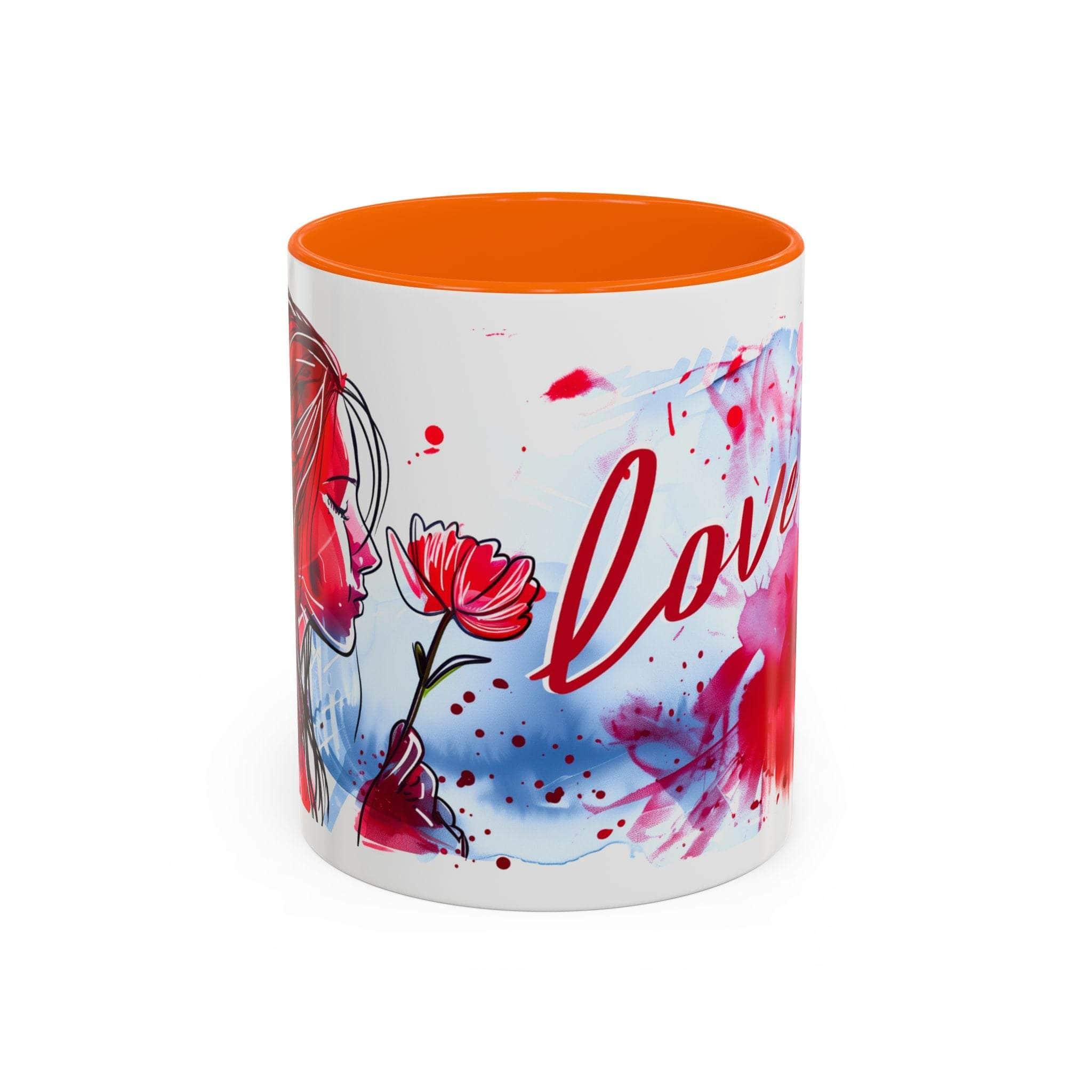 Valentines Floral Love Accent Coffee Mug with romantic heart, floral design, orange interior and handle