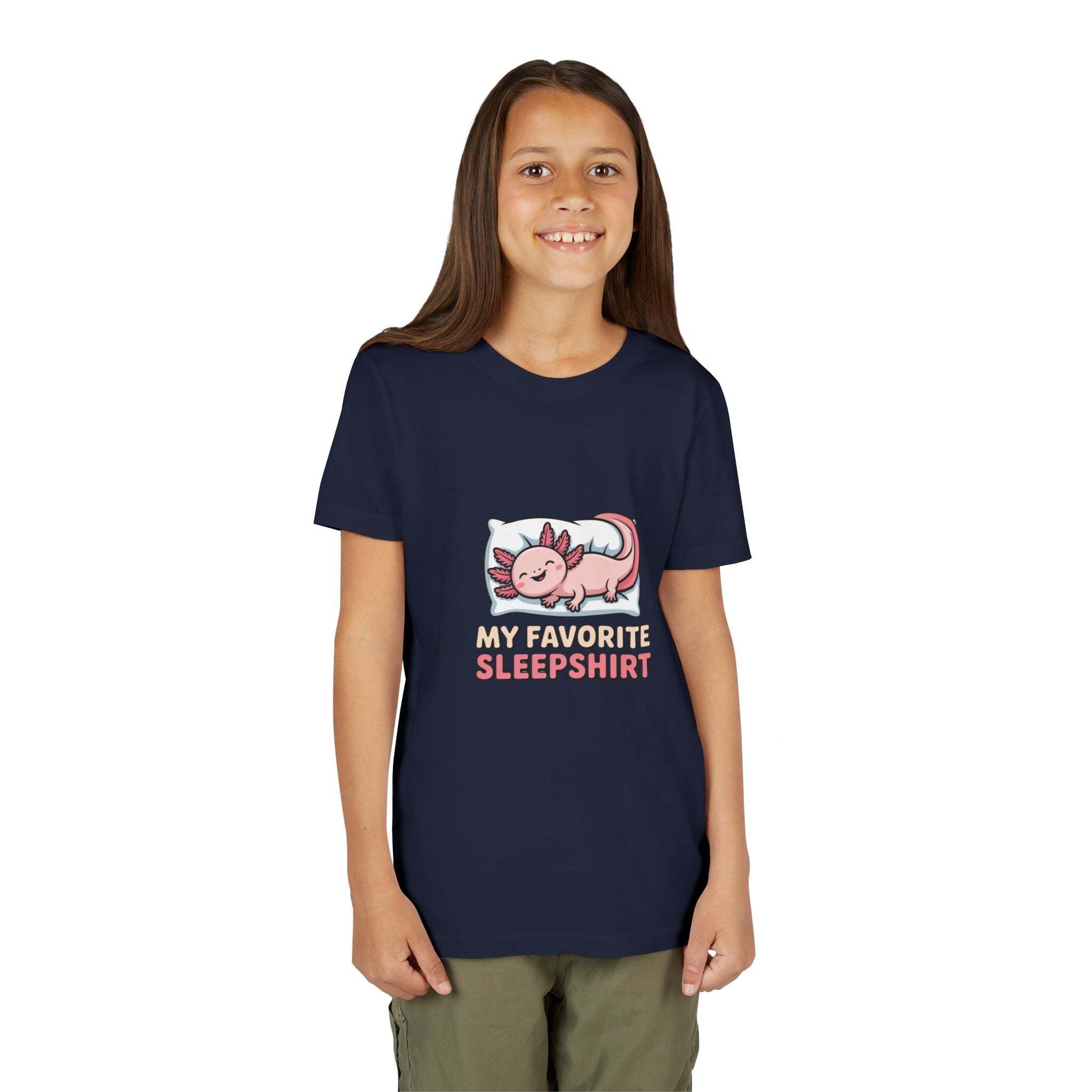 Youth navy sleepshirt axolotl tee with sleepy axolotl design and "My Favorite Sleepshirt" text