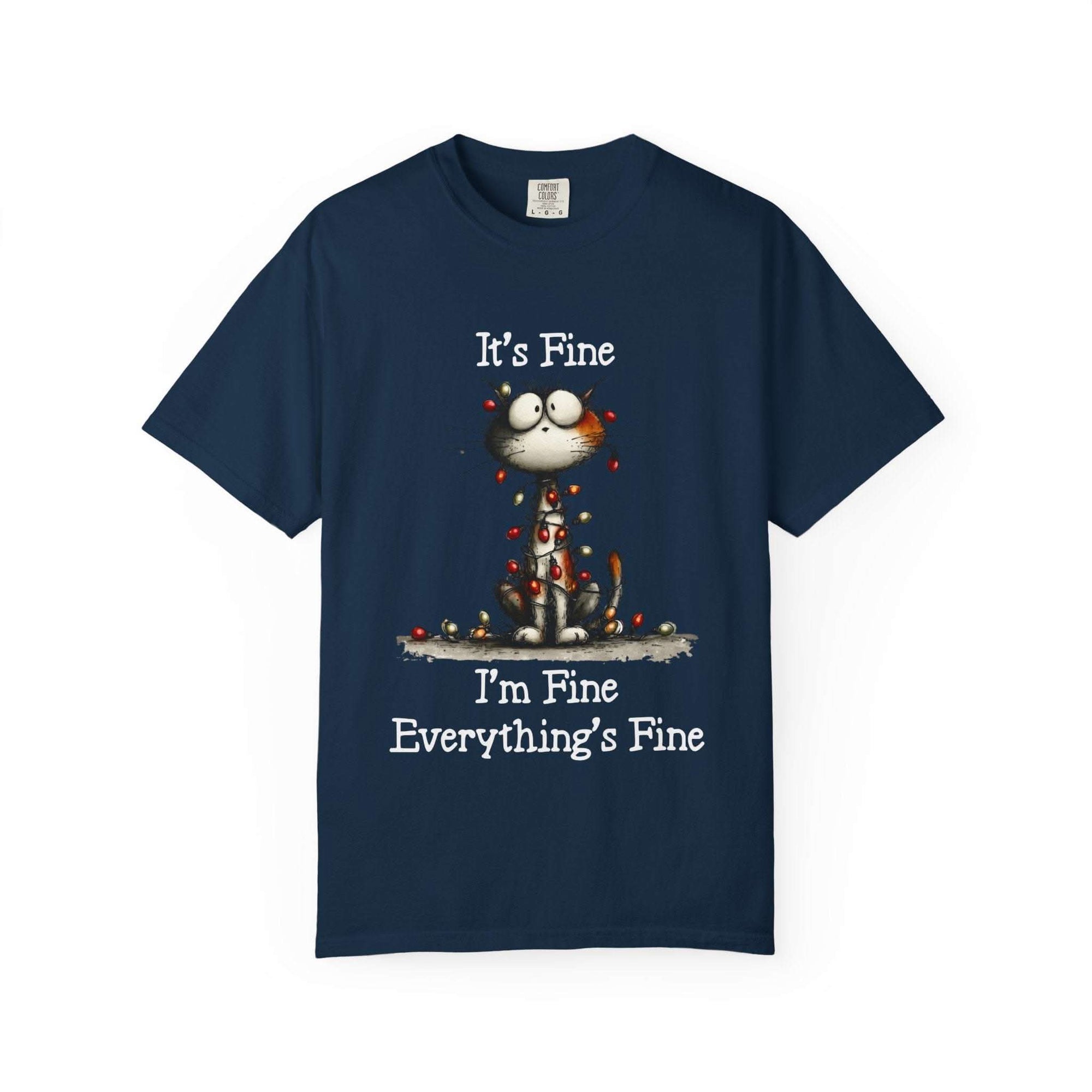Navy cat t-shirt with "It's Fine, I'm Fine, Everything's Fine" text and small cat illustration, garment-dyed cotton, soft vintage feel