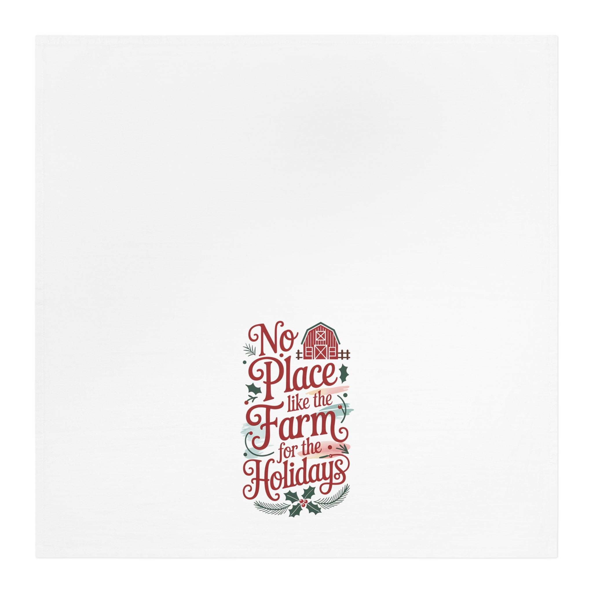 White cotton farm tea towel with "No place like the farm for the holidays" festive design
