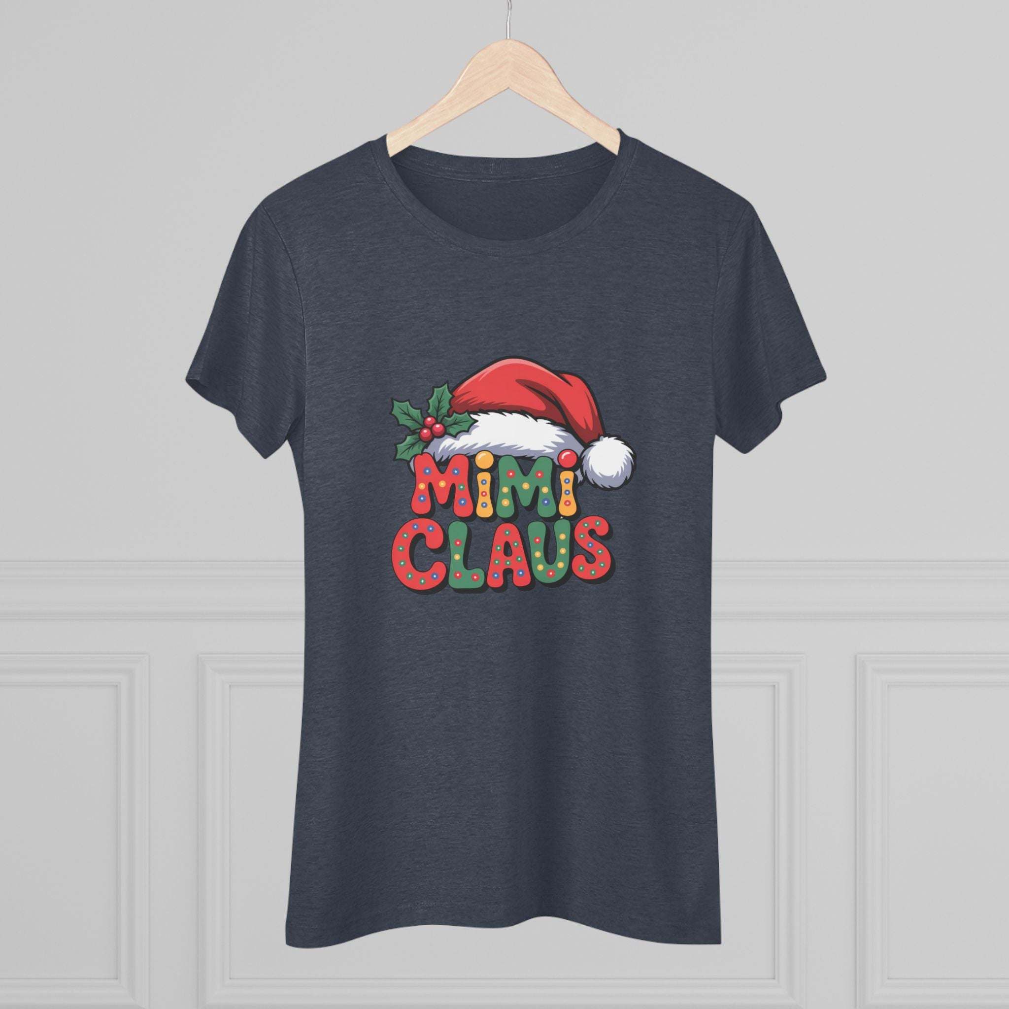 Women T-shirt with festive Mimi Claus design and Santa hat in soft triblend fabric for Christmas holiday