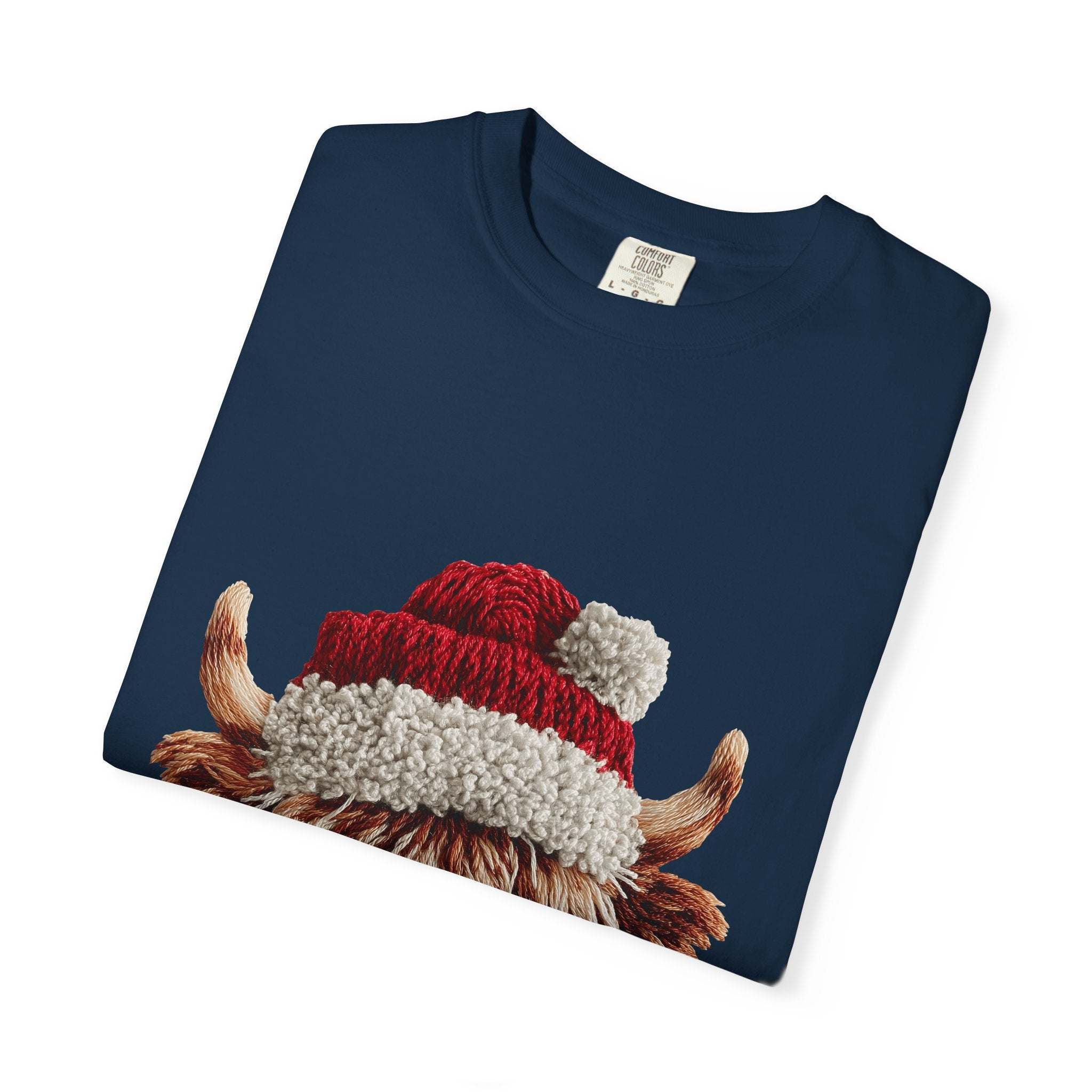 Navy T-shirt with faux crochet yarn Highland cow wearing Santa hat print for Christmas