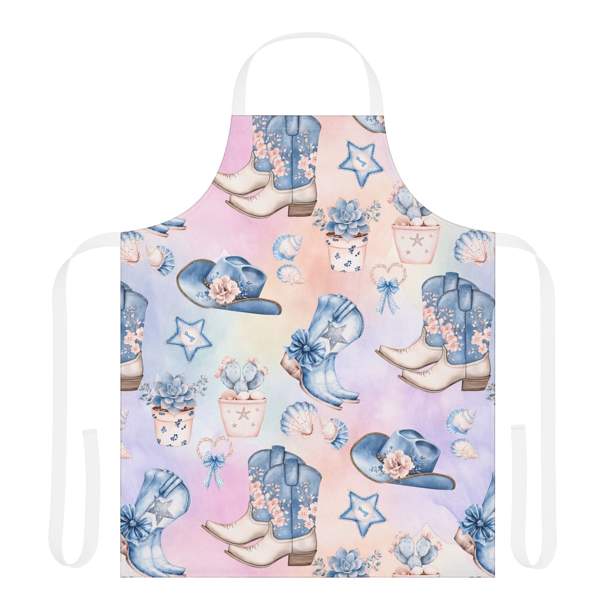 Pastel Coastal Cowgirl apron with cowgirl boots, hats, and floral patterns on soft pastel background