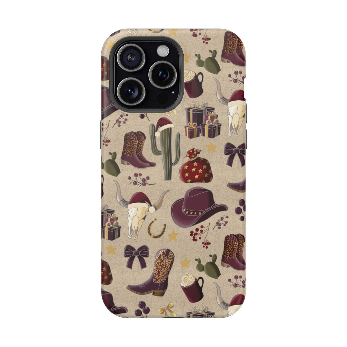 Cowboy Christmas design phone case for iPhone 17 in glossy finish by Printify, featuring festive colors and patterns.