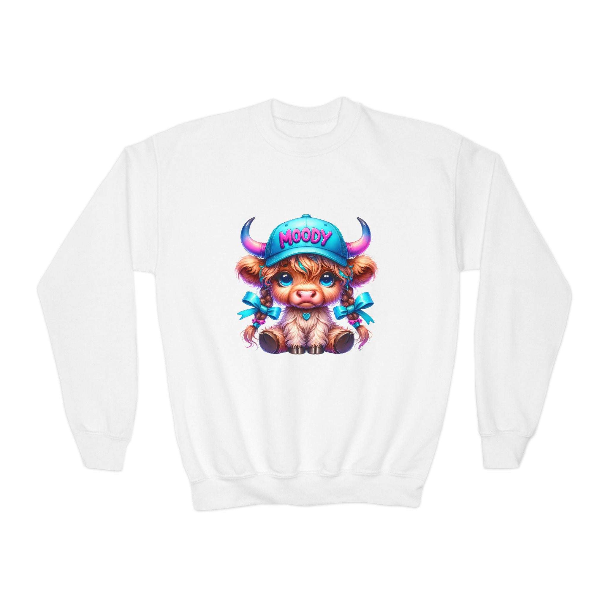 White youth sweatshirt with cute Moody Girl Highland Cow graphic wearing a blue cap and ribbons