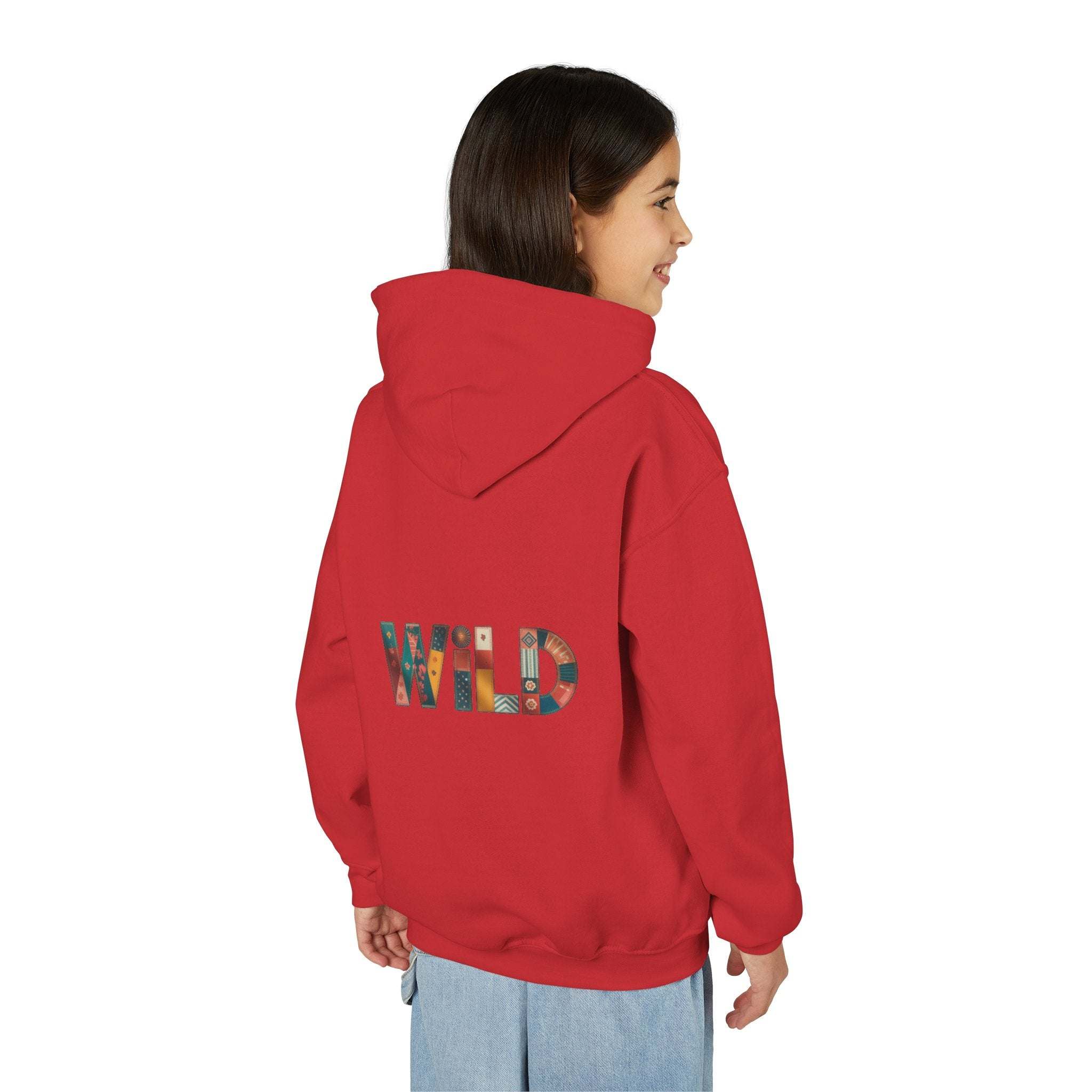 Child wearing red Patchwork Wild Word Hoodie with colorful "WILD" text on back and kangaroo pocket