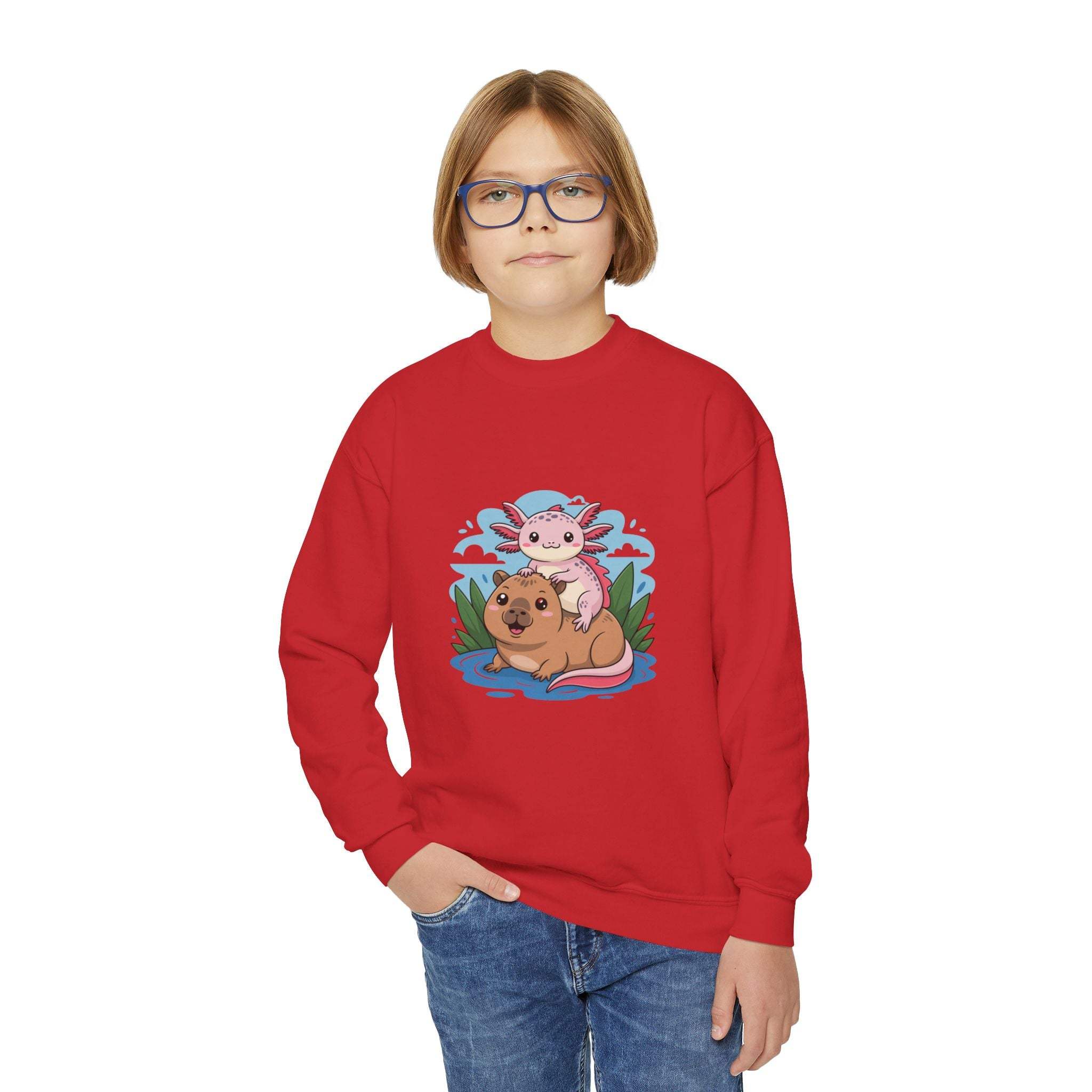 Child wearing a red sweatshirt with a cartoon design on a white background