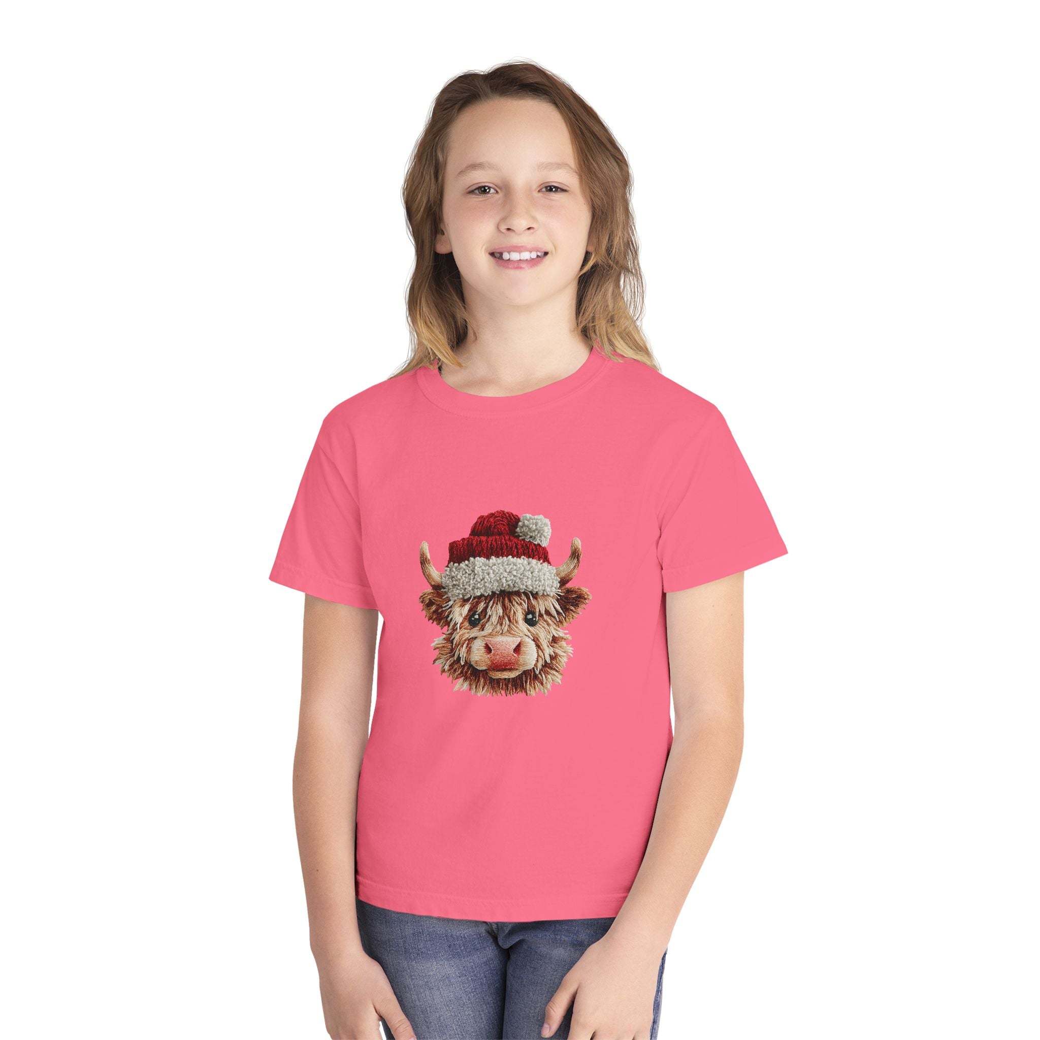 Santa Highland Cow Youth Tee — Faux Crochet Yarn Christmas Top