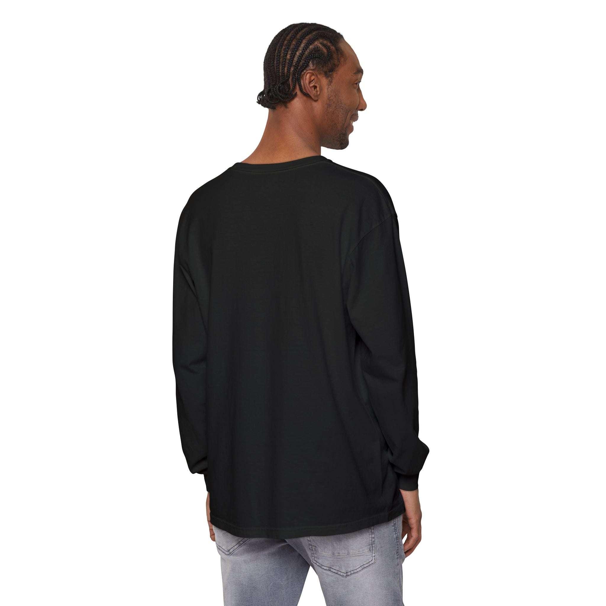 Black long sleeve t-shirt shown from the back on a male model