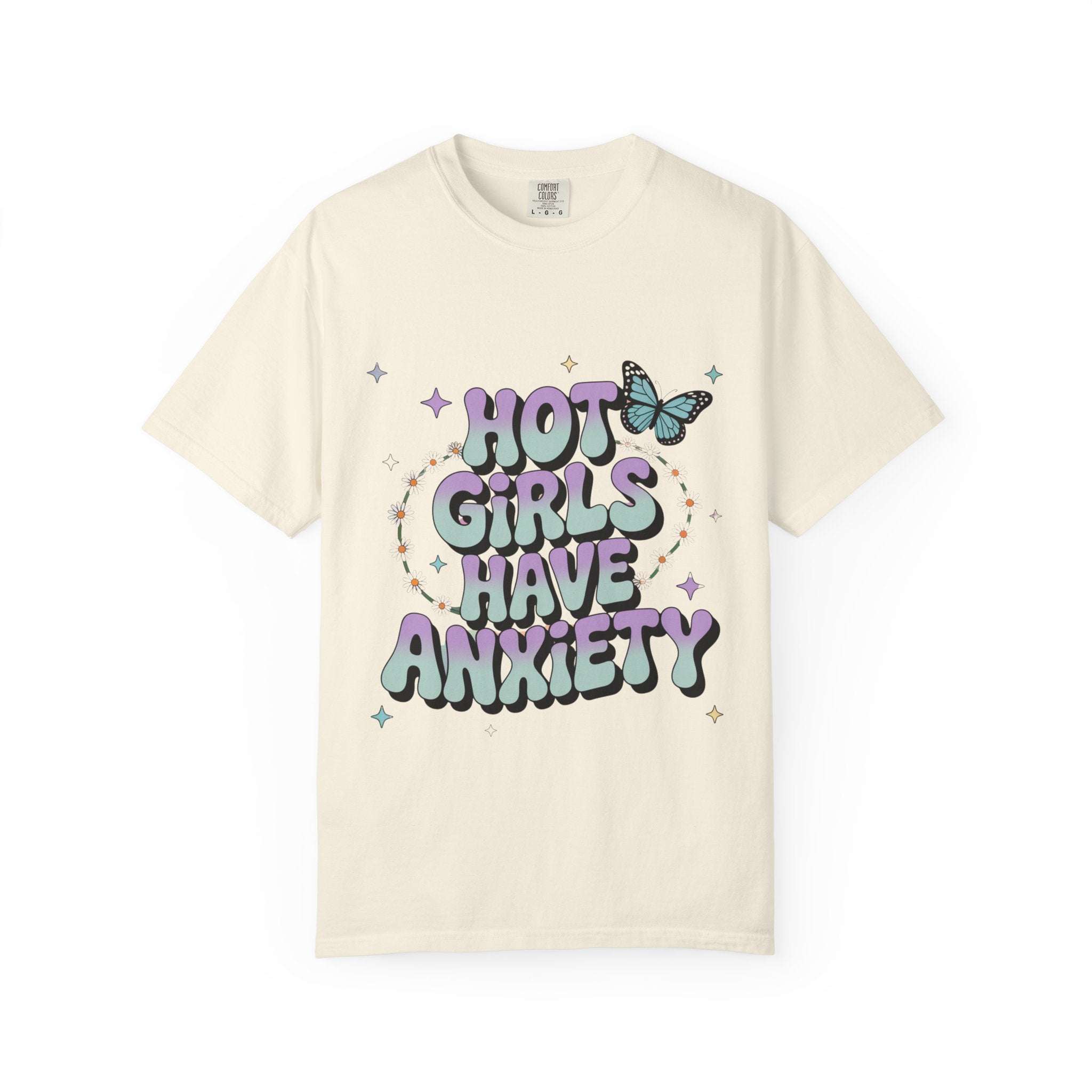 Black unisex t-shirt with 'Hot Girls Have Anxiety' print, casual style, by Printify