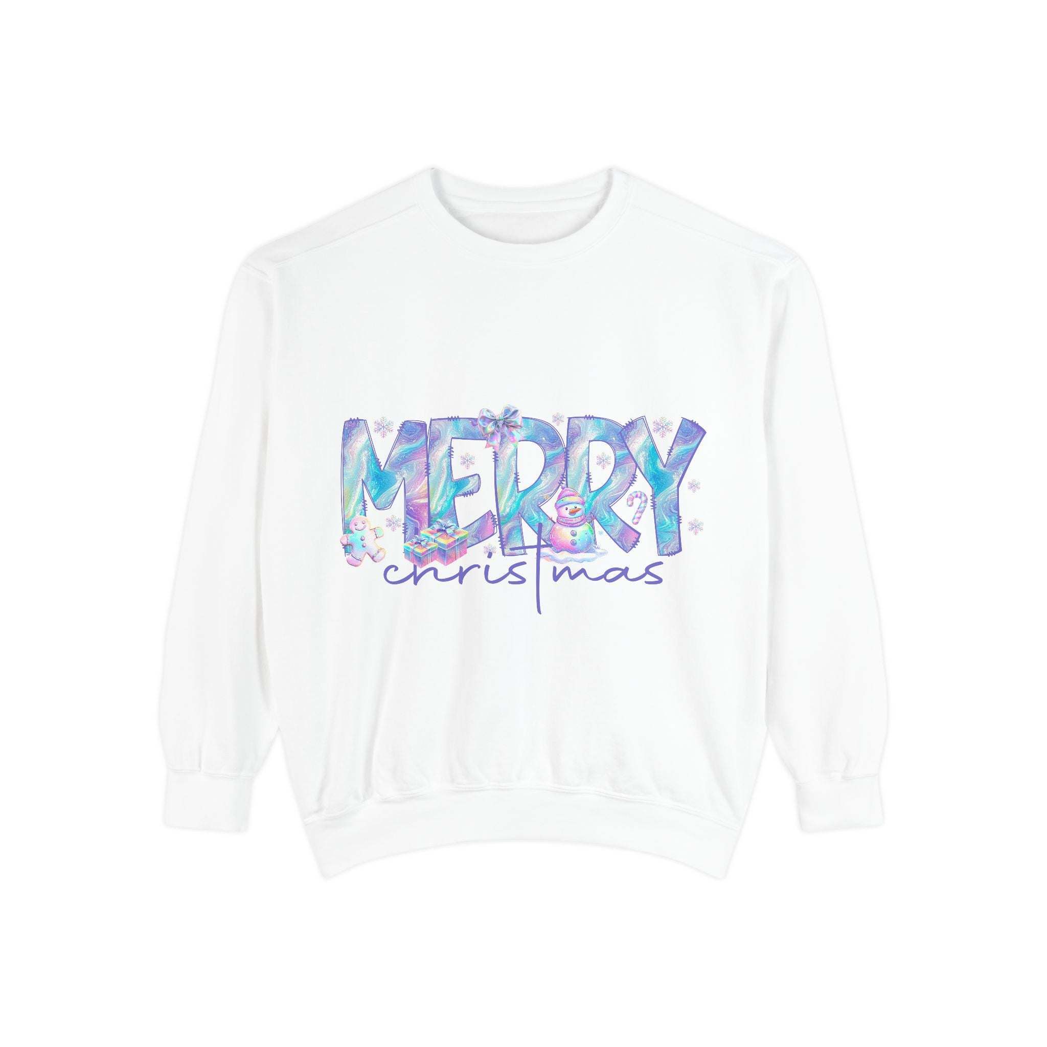 White sweatshirt with iridescent Merry Christmas design and ribbed cuffs, cozy holiday apparel