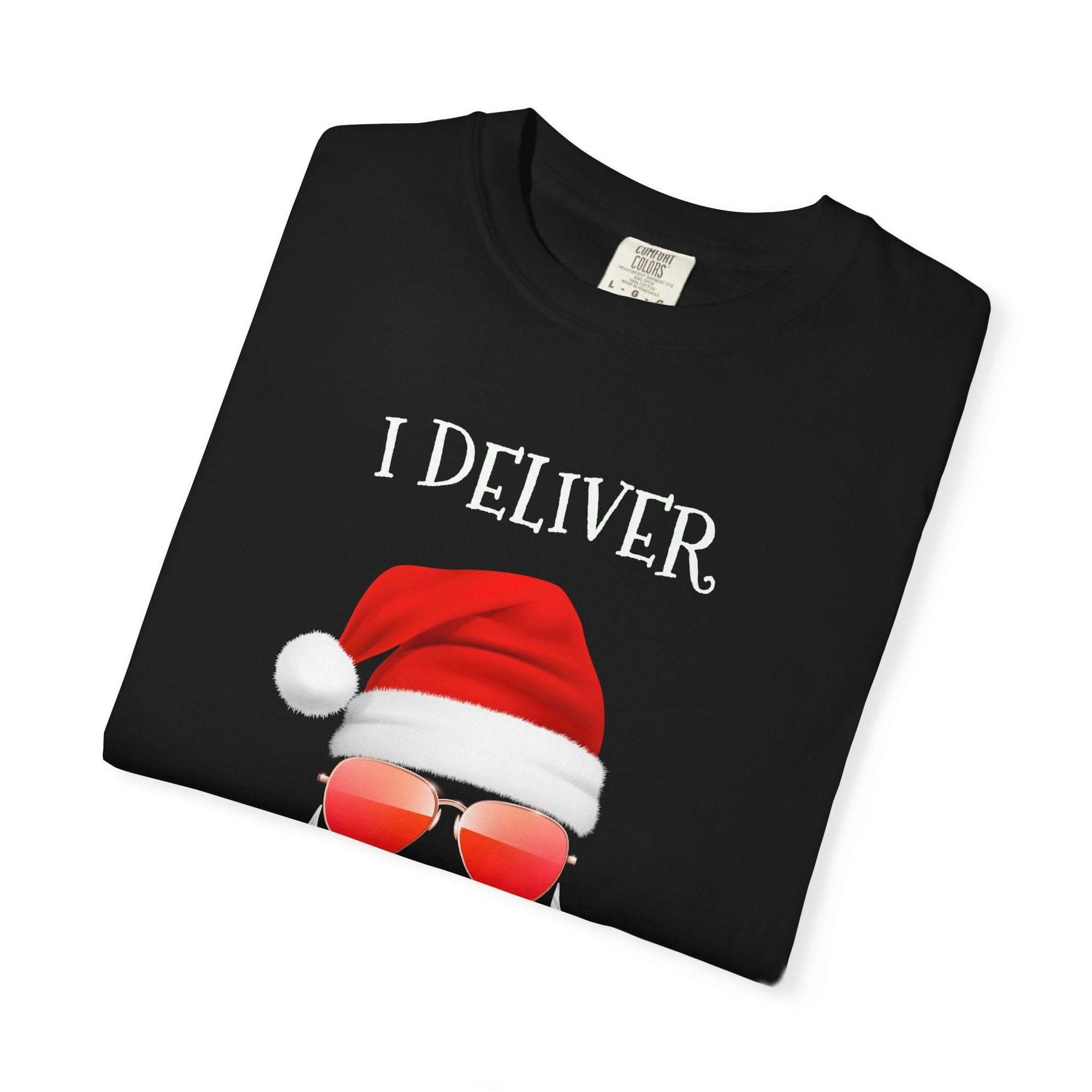 Espresso cotton t-shirt featuring 'Santa I Deliver All Night Long' print, holiday-themed design by Printify