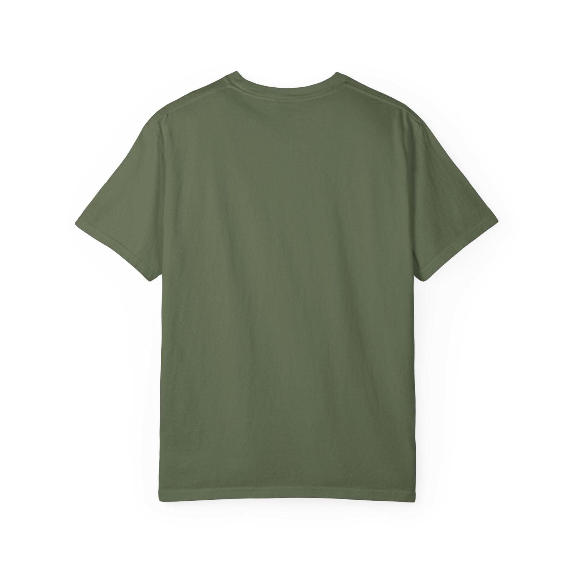 Back view of olive green Never Underestimate An Old Man with a Pool Cue T-Shirt in soft cotton