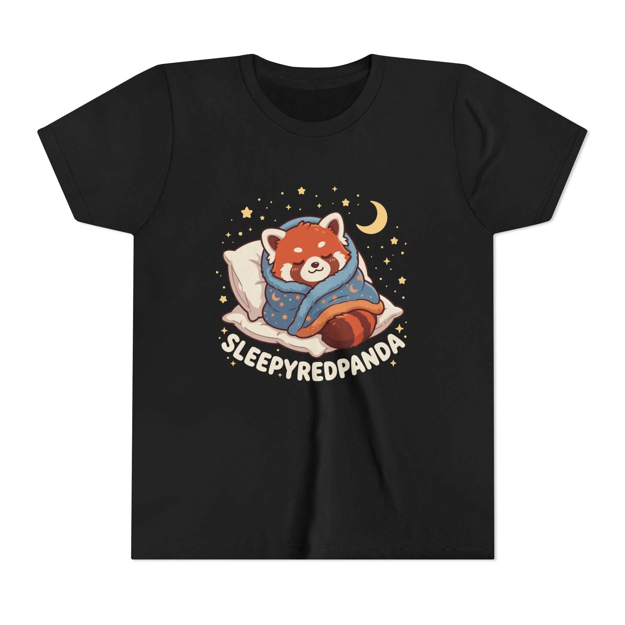 Youth tee with cute sleepy red panda wrapped in blanket on moon pillow design