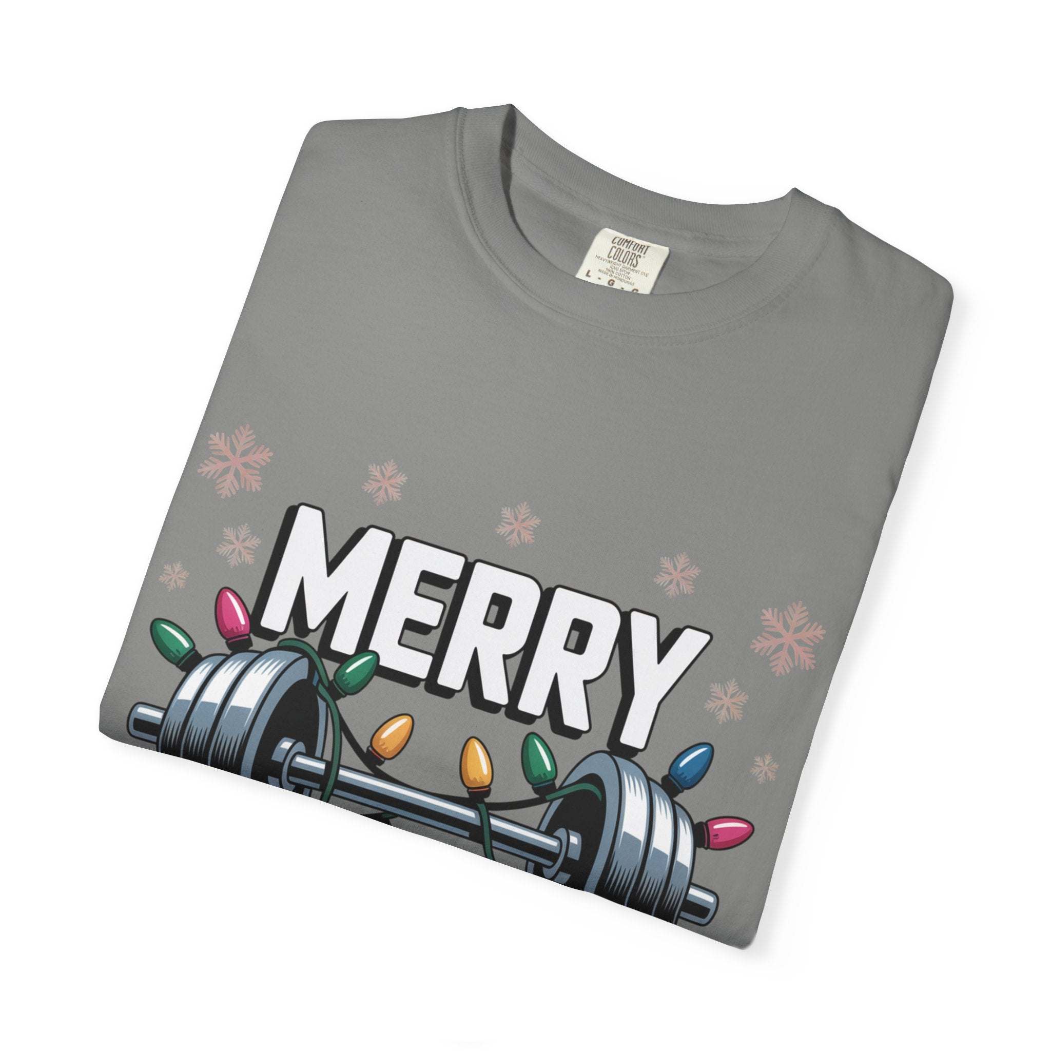 Gray Christmas Workout T-shirt with Merry Liftmas design featuring barbell and colorful holiday lights