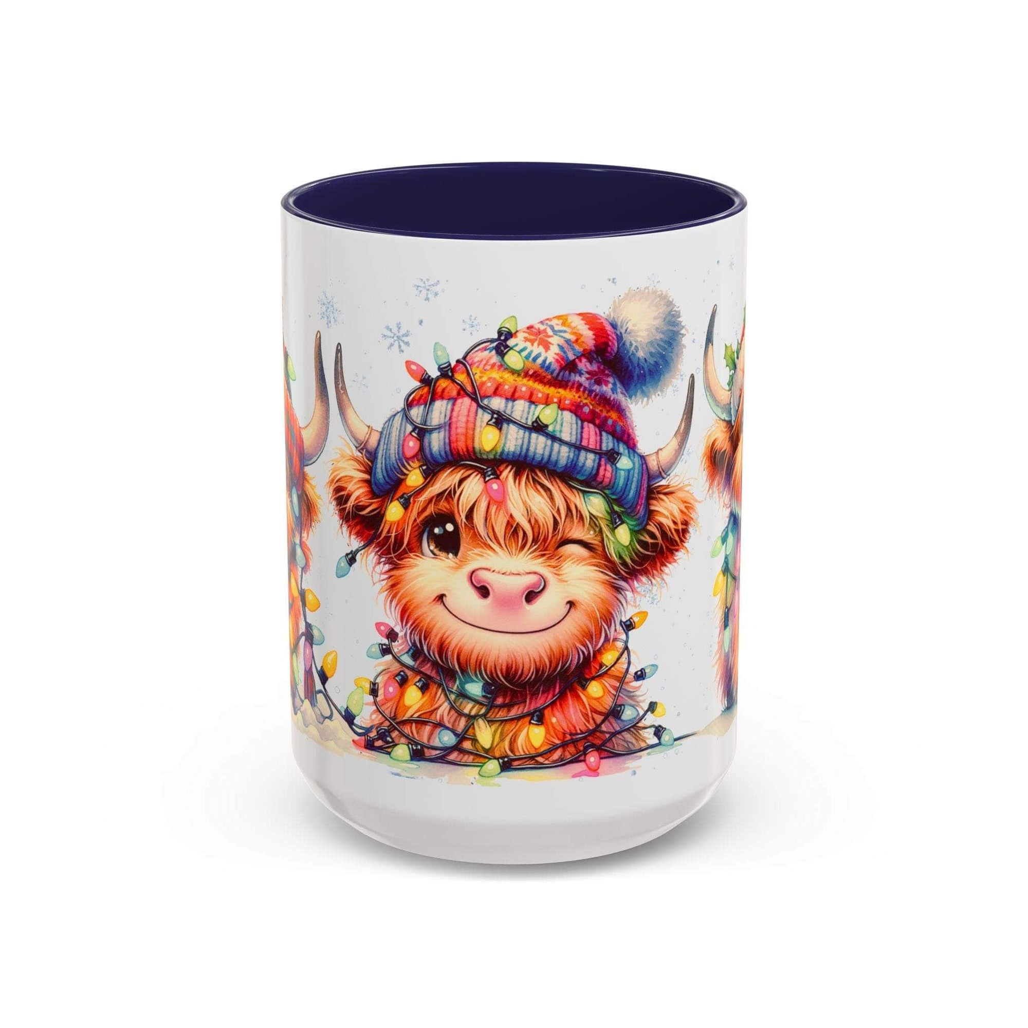 Scottish Highland Cow Christmas coffee mug with colorful holiday lights and cozy knit hat, ceramic with blue interior and handle