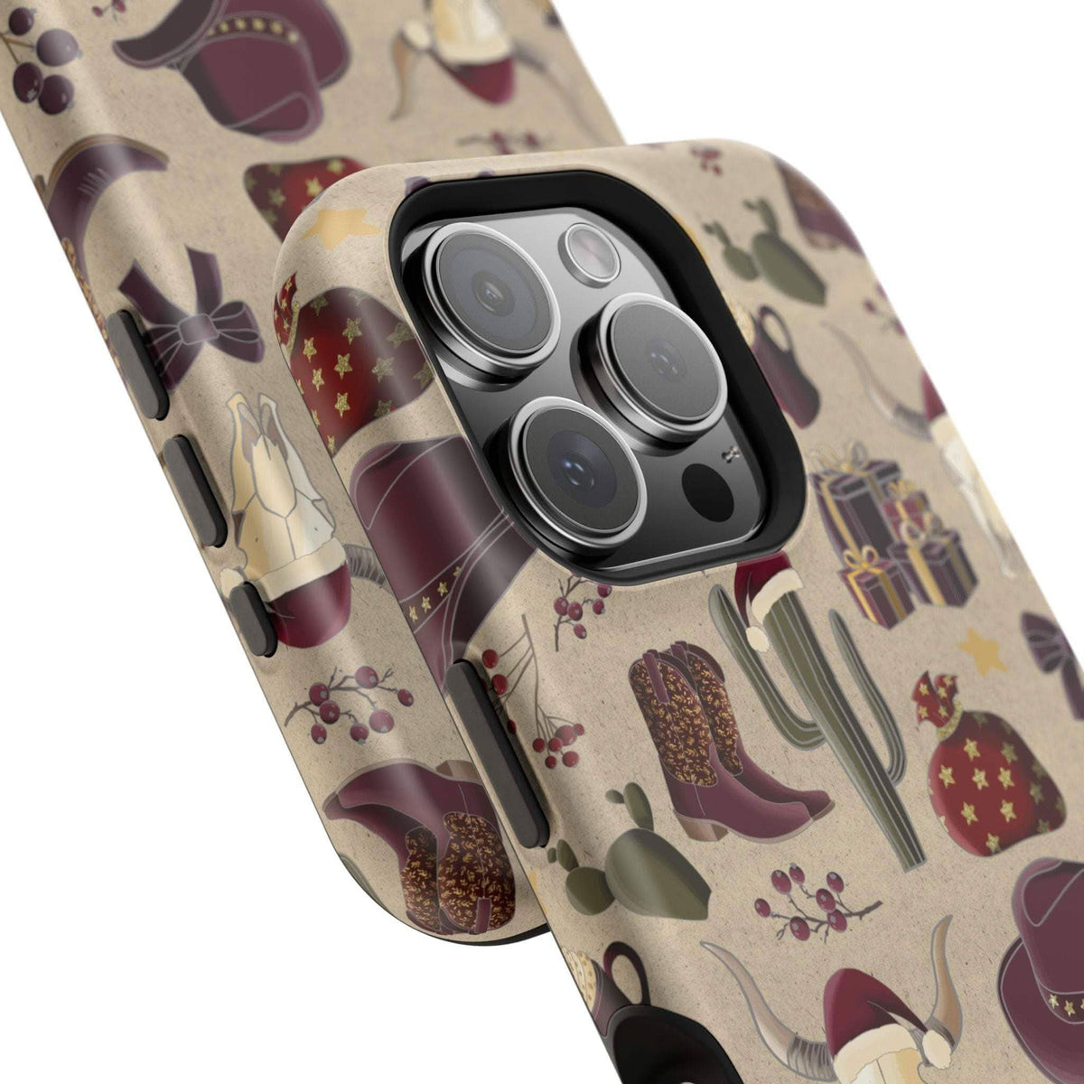 Cowboy Christmas design phone case for iPhone 17 in glossy finish by Printify, featuring festive colors and patterns.
